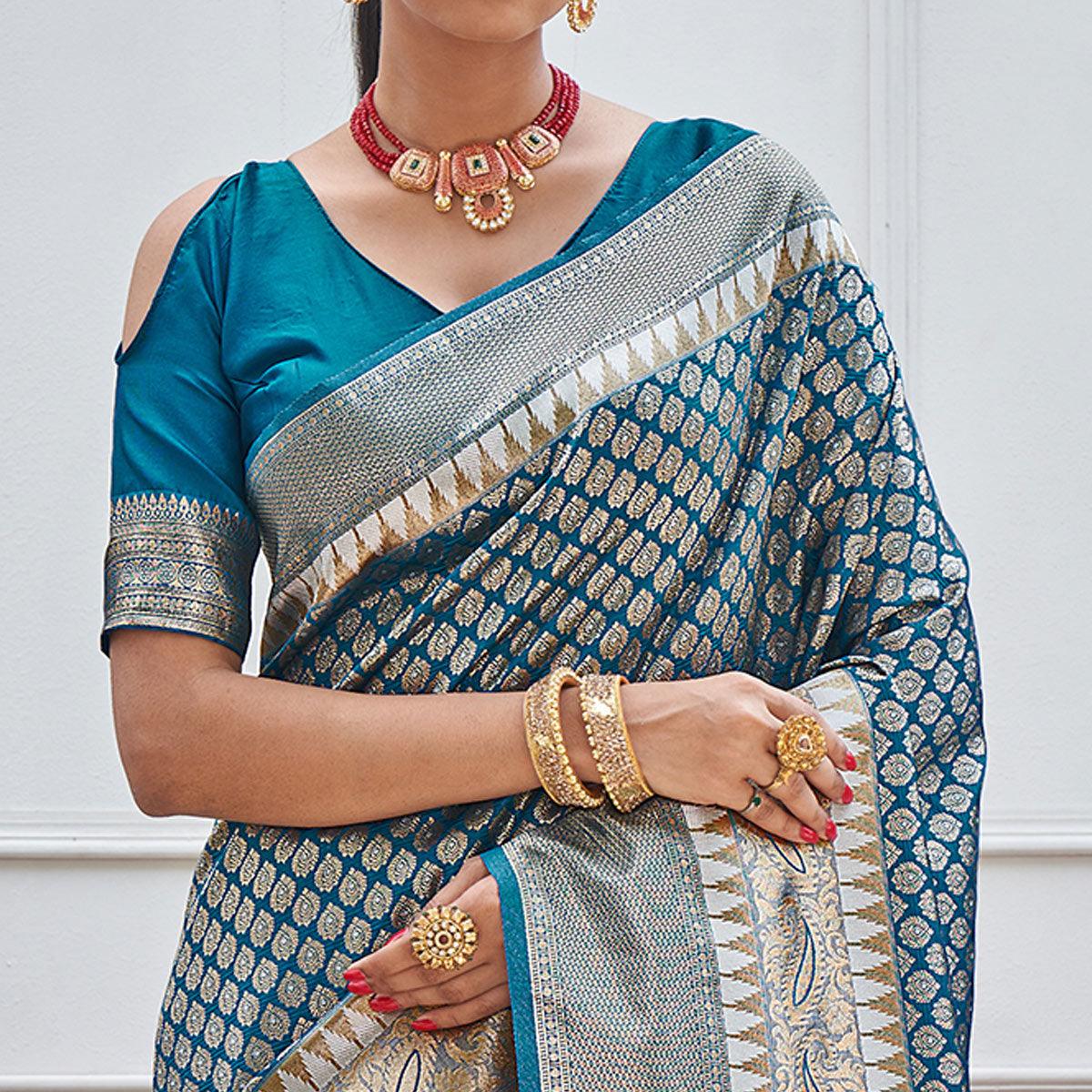 Blue Woven Art Silk Saree - Peachmode