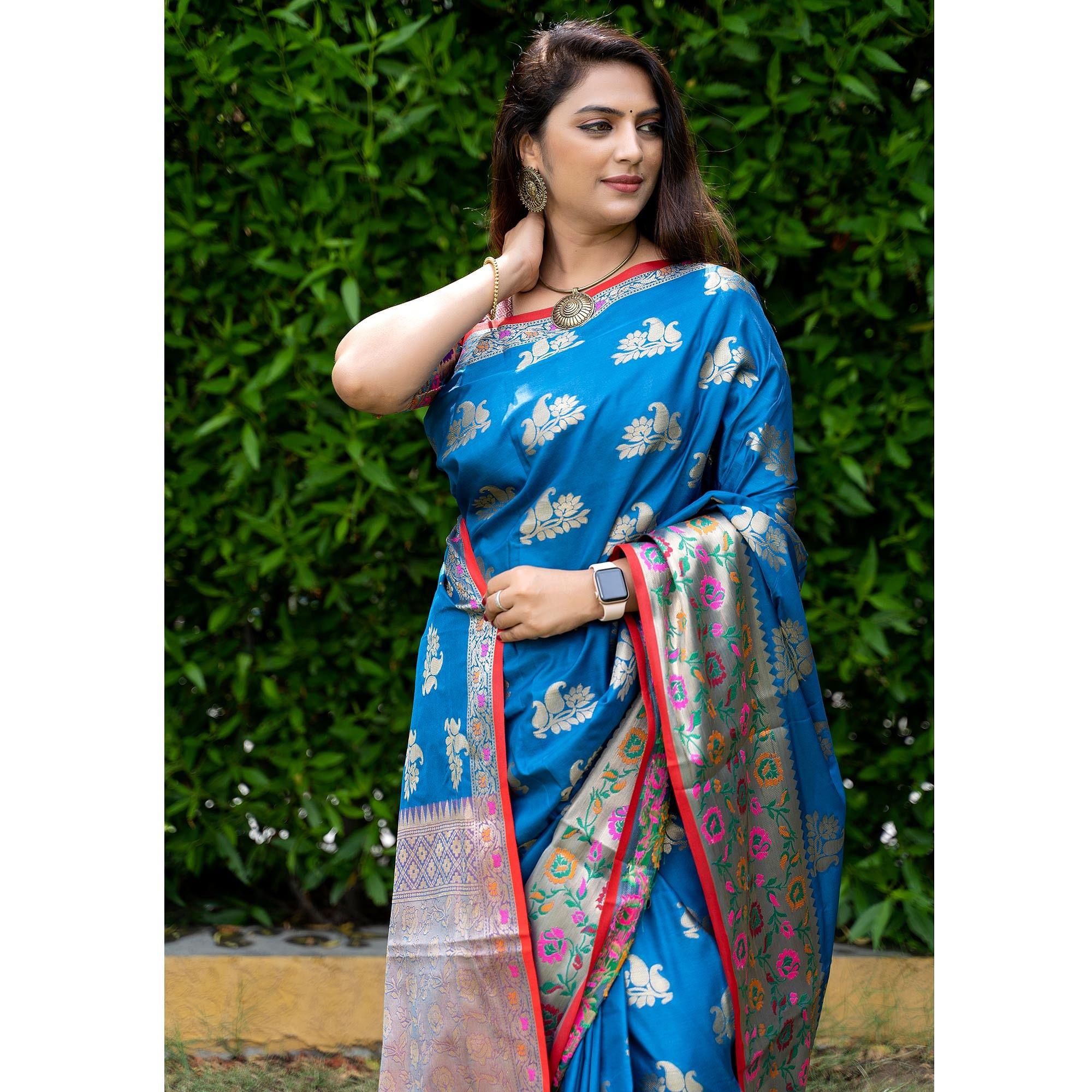 Blue Woven Art Silk Saree - Peachmode