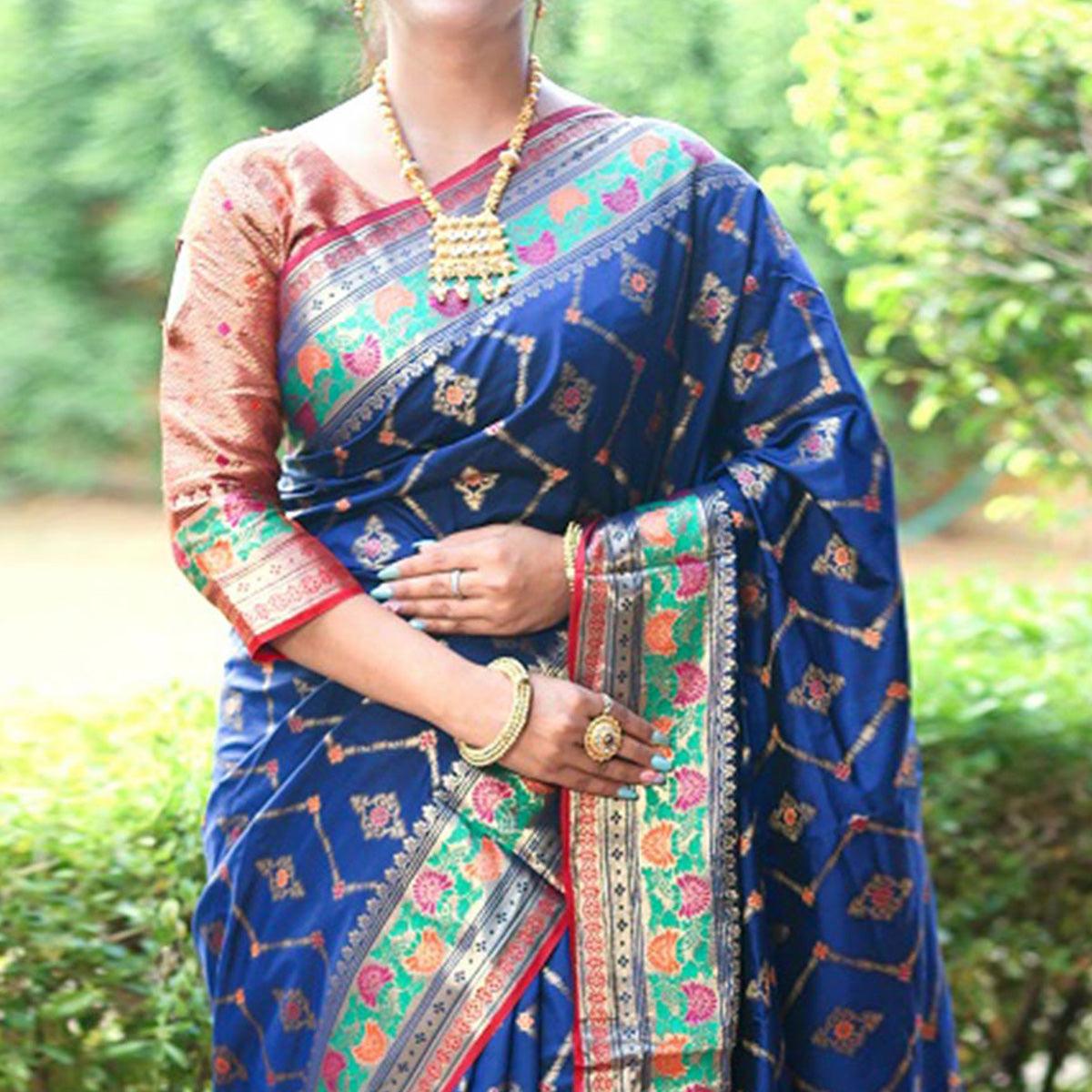 Blue Woven Art Silk Saree - Peachmode