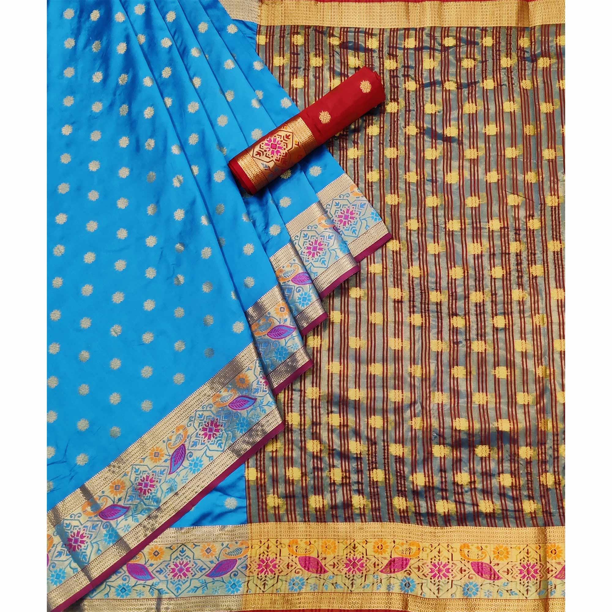 Blue Woven Art Silk Saree - Peachmode