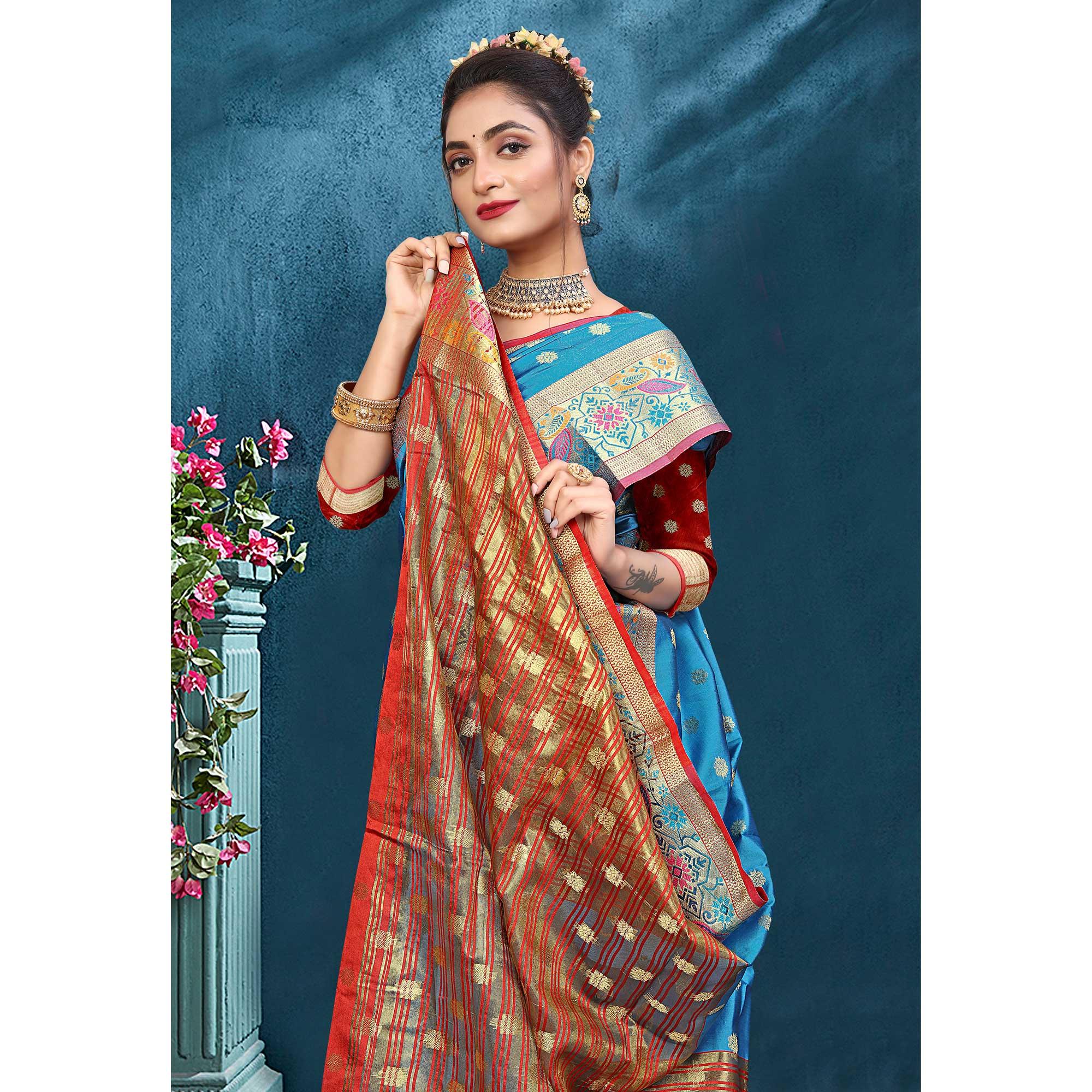 Blue Woven Art Silk Saree - Peachmode