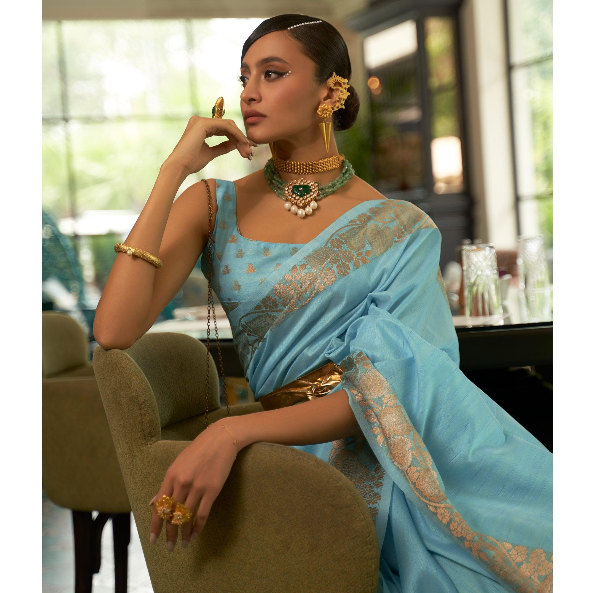 Blue Woven Art Silk Saree - Peachmode