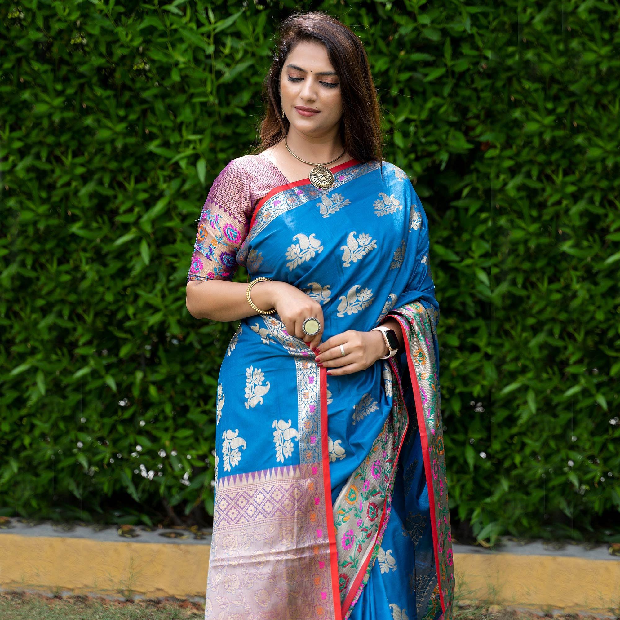 Blue Woven Art Silk Saree - Peachmode