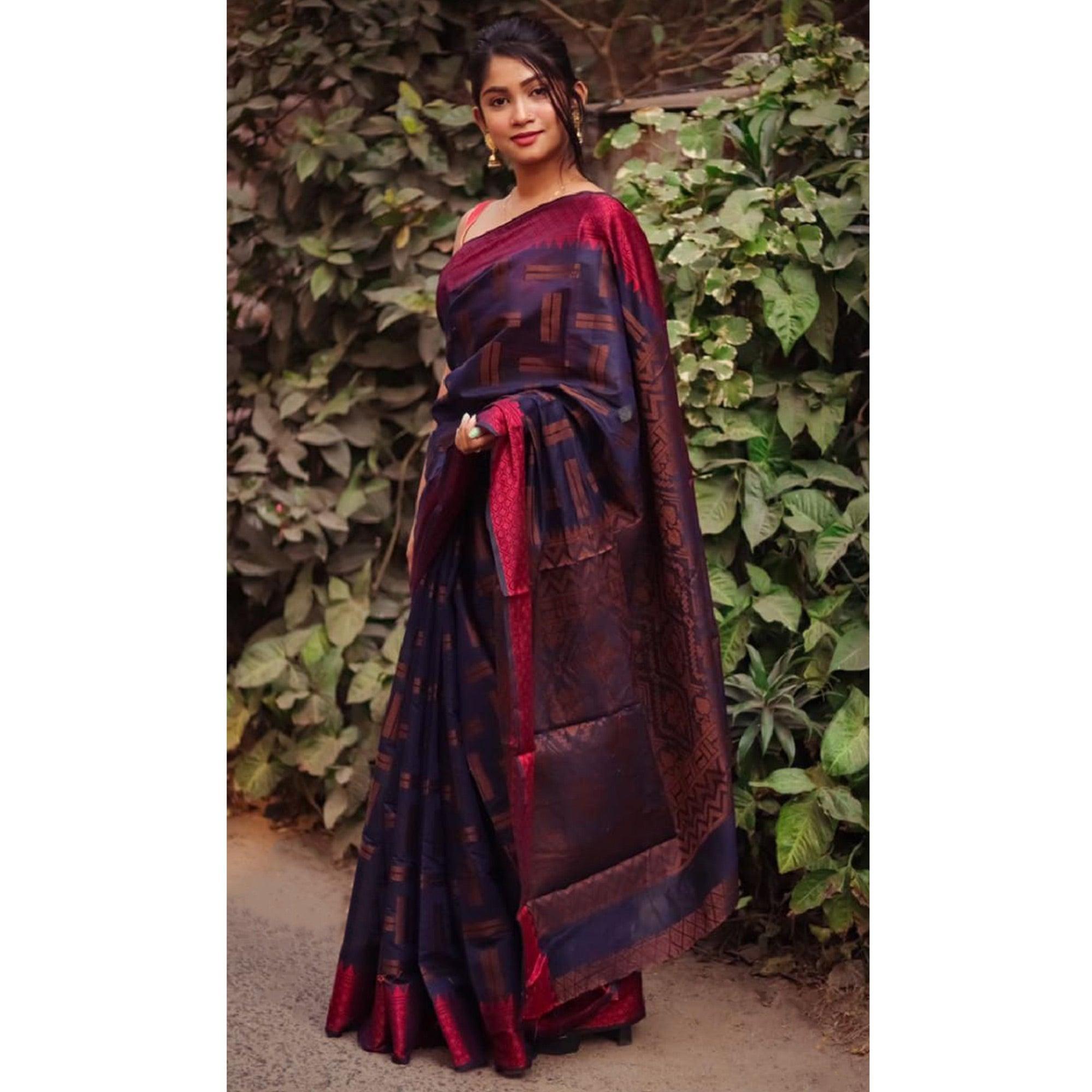 Blue Woven Art Silk Saree - Peachmode
