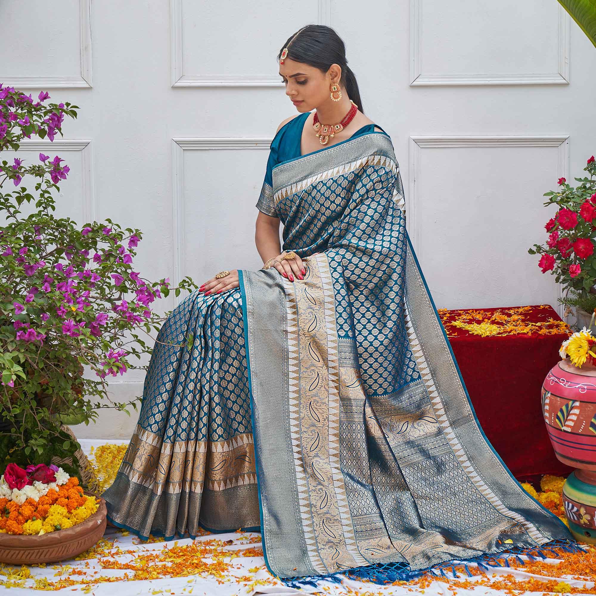 Blue Woven Art Silk Saree - Peachmode