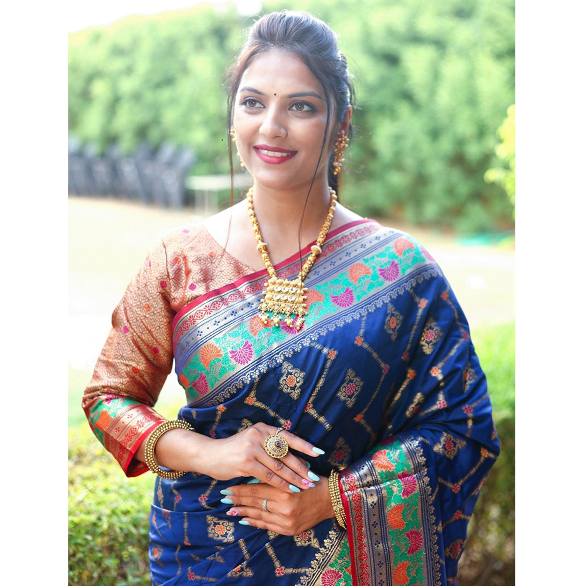 Blue Woven Art Silk Saree - Peachmode