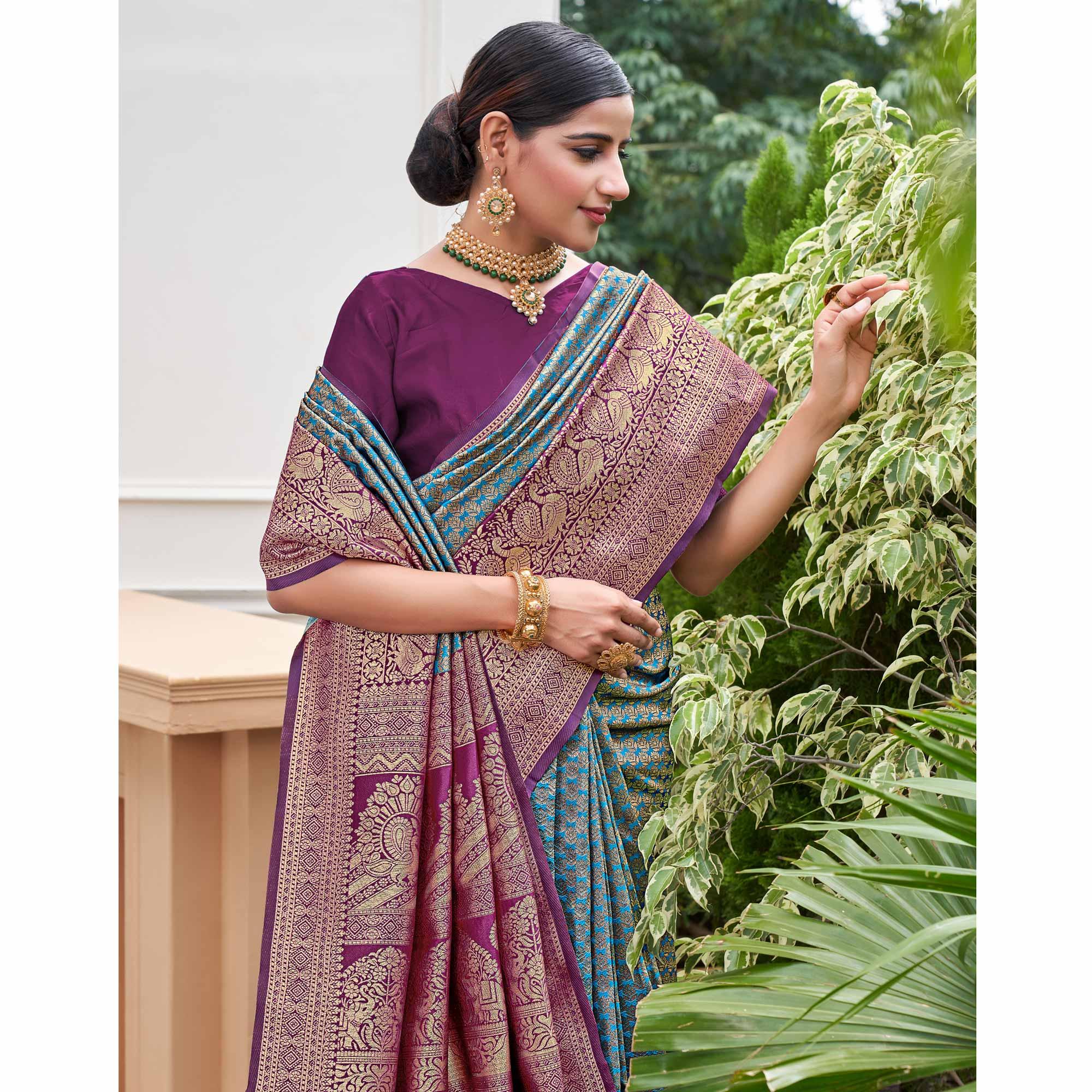 Blue Woven Art Silk Saree - Peachmode