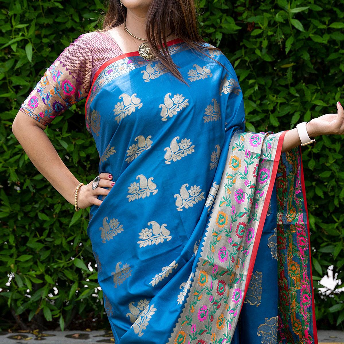 Blue Woven Art Silk Saree - Peachmode