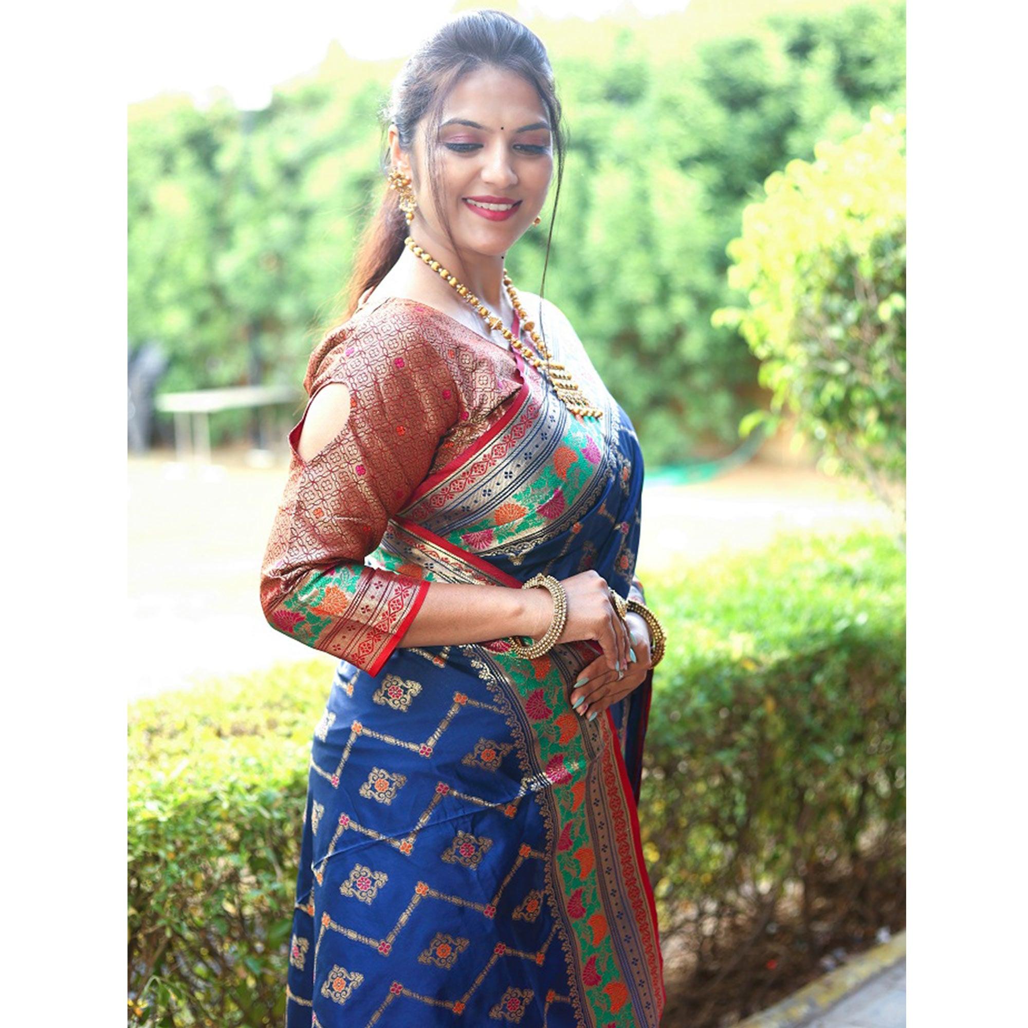 Blue Woven Art Silk Saree - Peachmode