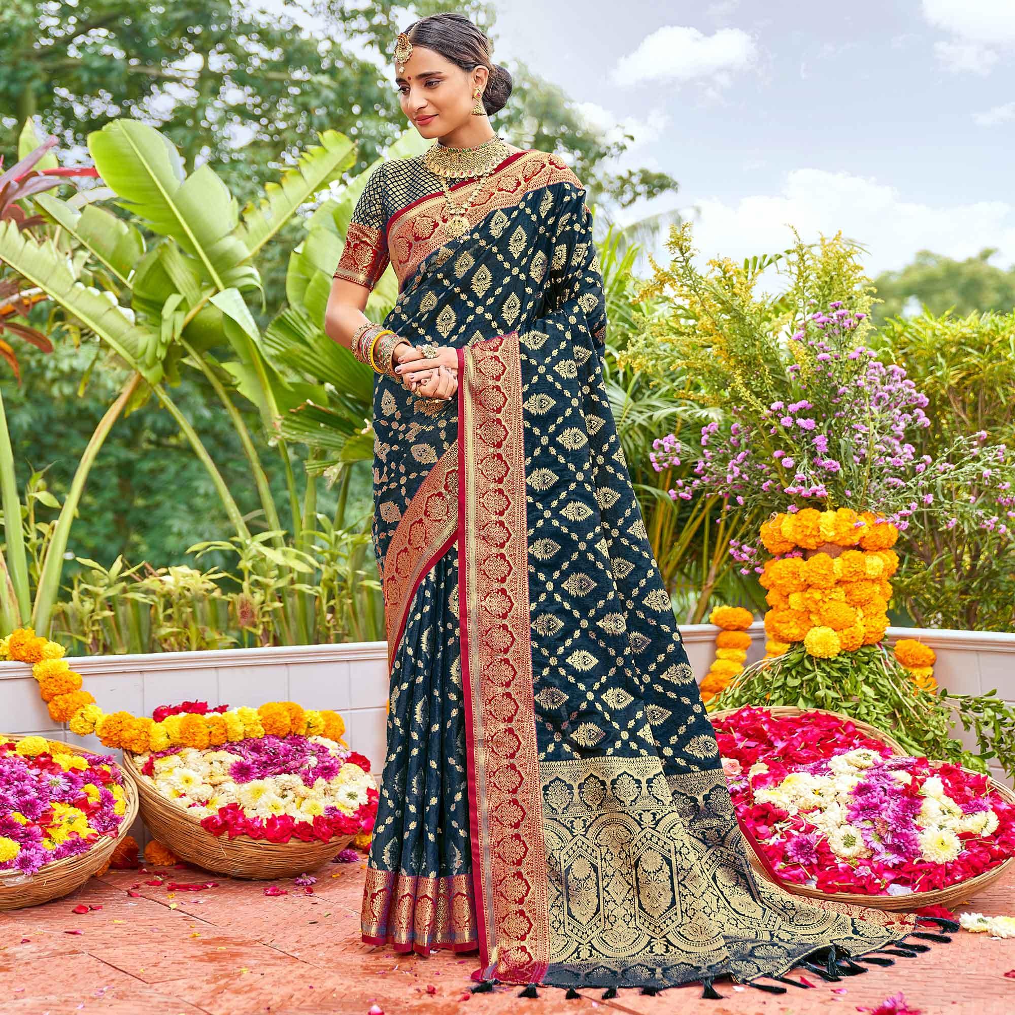 Blue Woven Art Silk Saree With Tassels - Peachmode