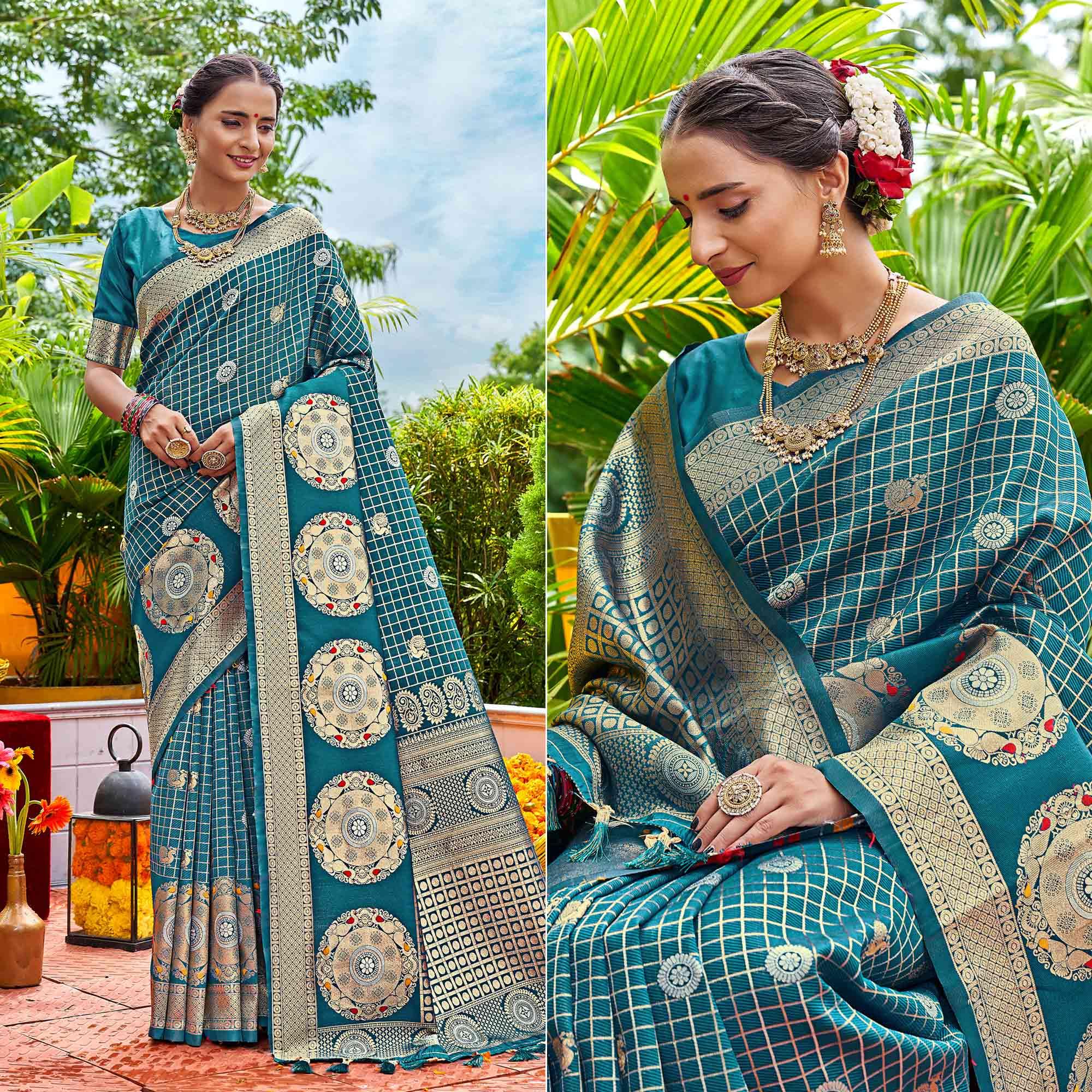 Blue Woven Art Silk Saree With Tassels - Peachmode