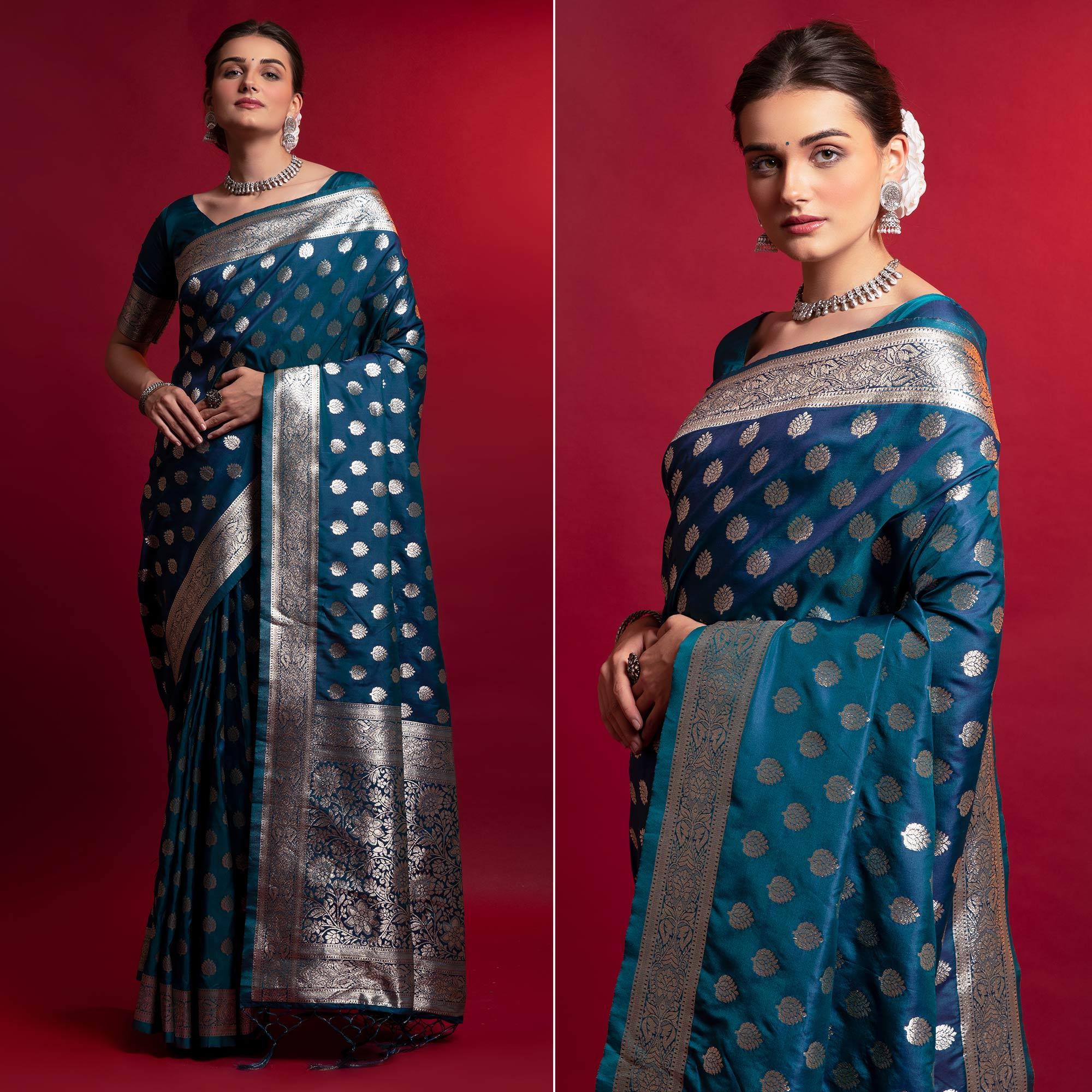 Blue Woven Art Silk Saree With Tassels - Peachmode