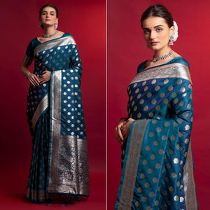 Blue Woven Art Silk Saree With Tassels - Peachmode