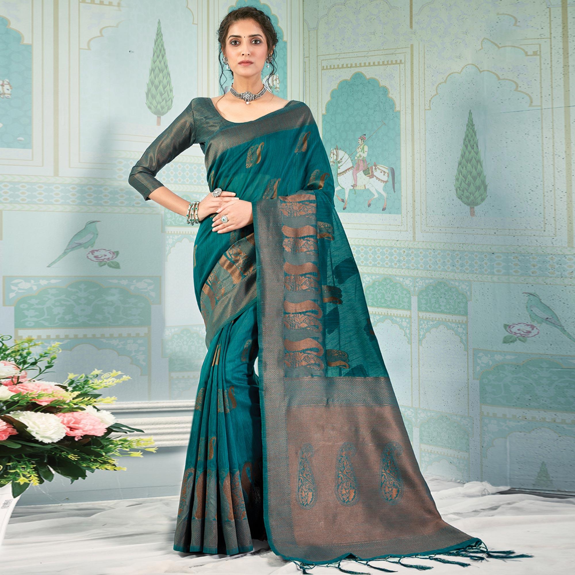 Blue Woven Art Silk Saree With Tassels - Peachmode