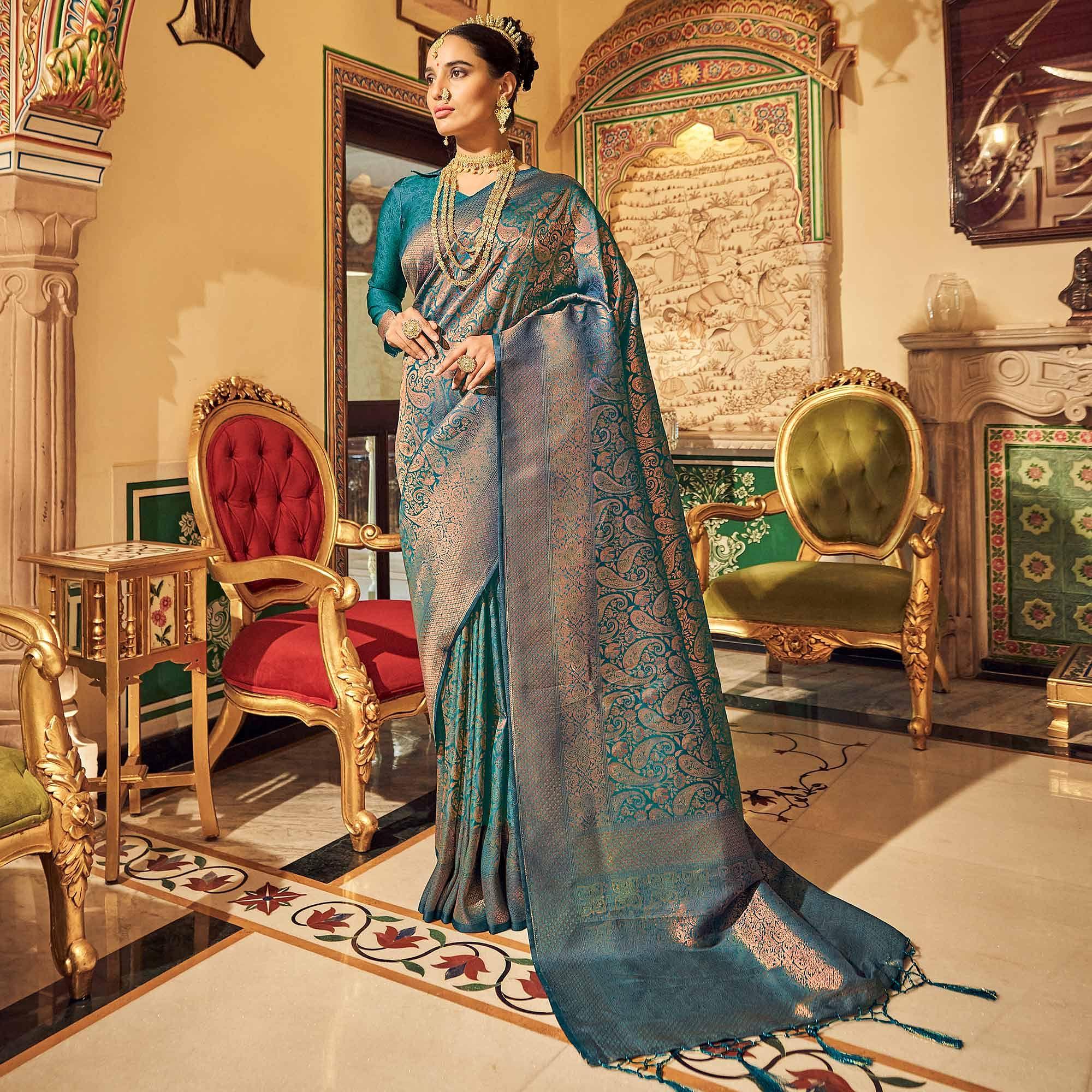 Blue Woven Art Silk Saree With Tassels - Peachmode