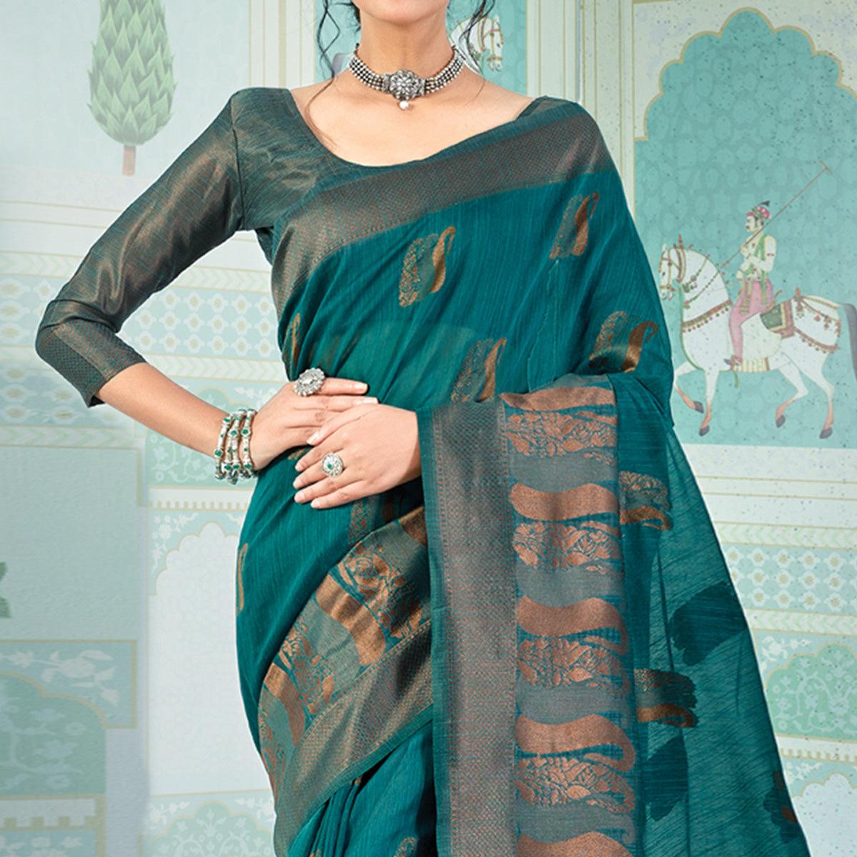 Blue Woven Art Silk Saree With Tassels - Peachmode