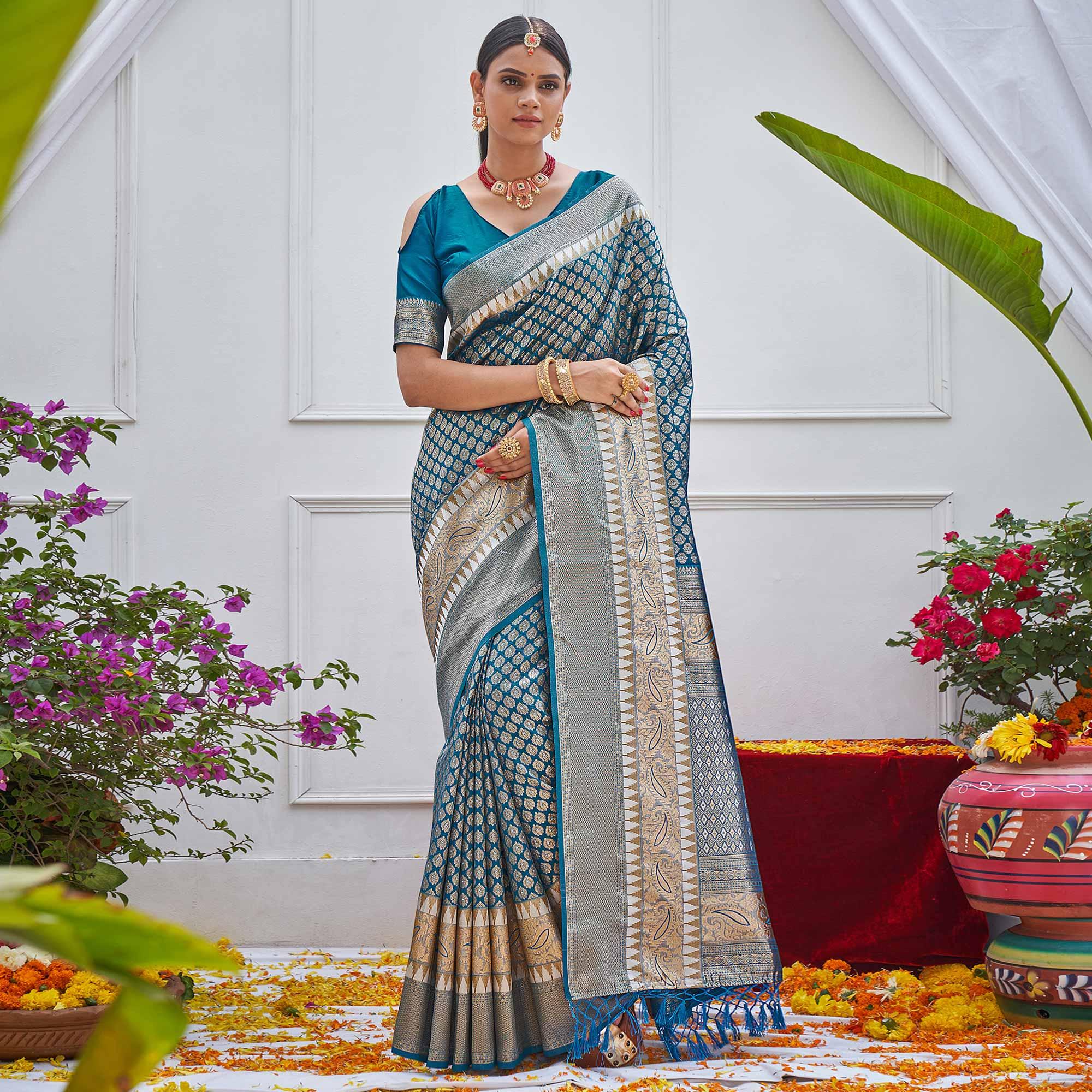 Blue Woven Art Silk Saree With Tassels - Peachmode