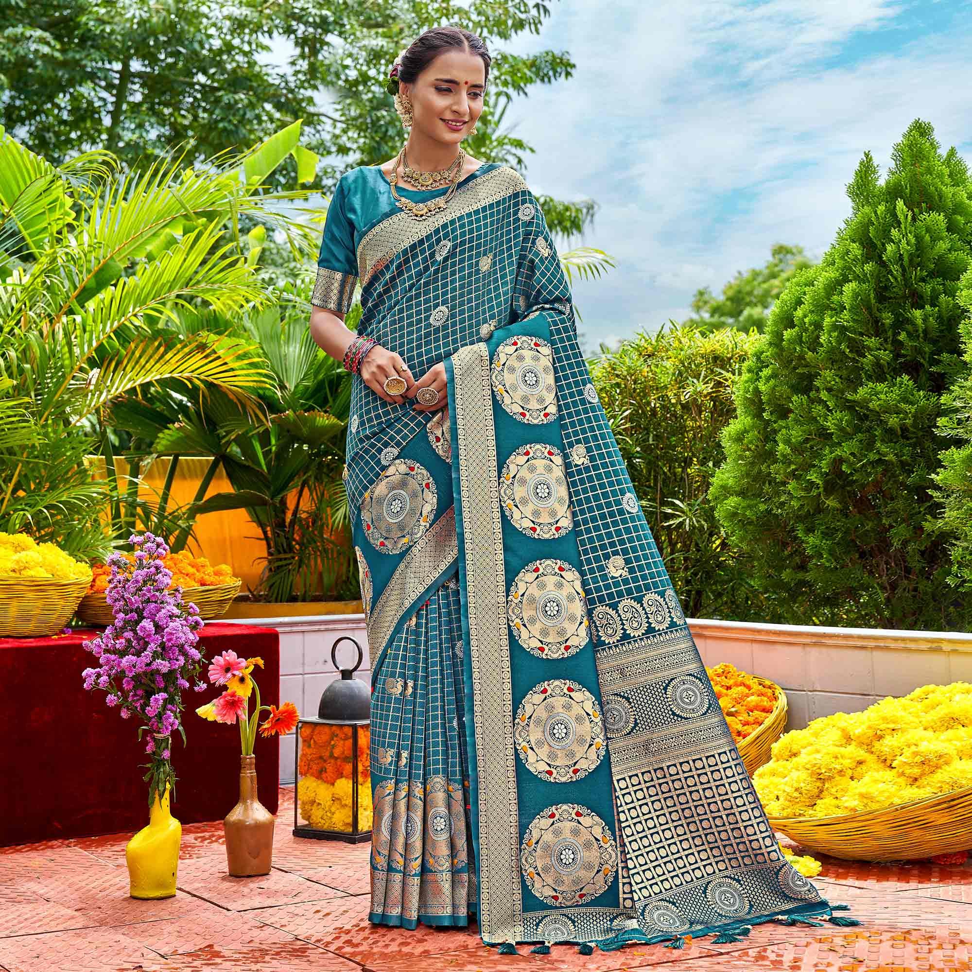 Blue Woven Art Silk Saree With Tassels - Peachmode
