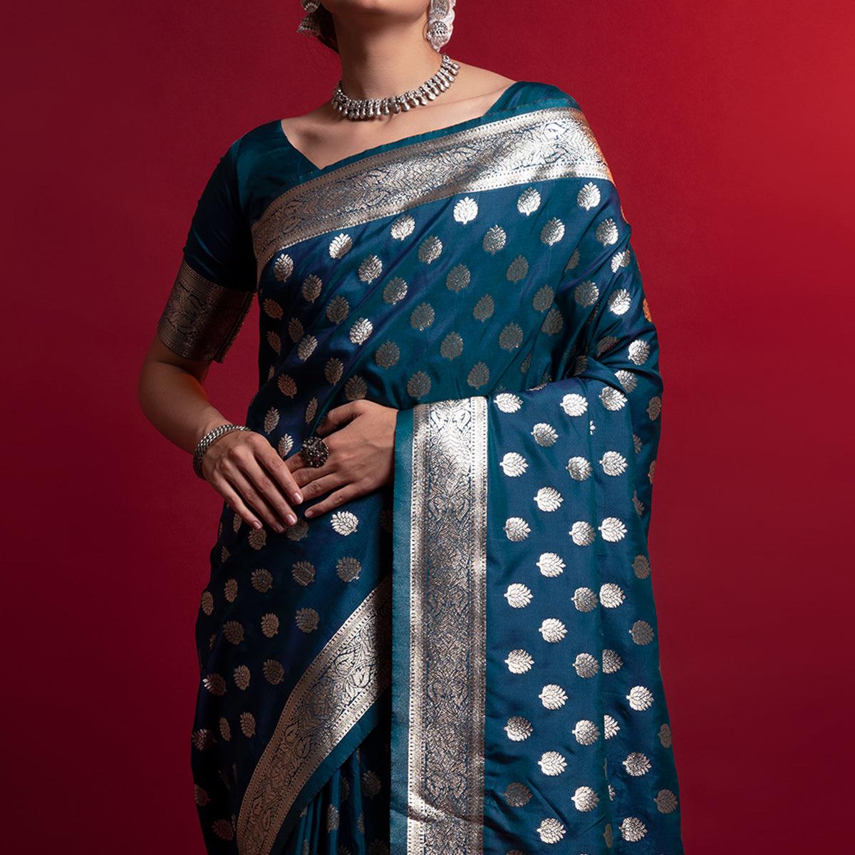 Blue Woven Art Silk Saree With Tassels - Peachmode