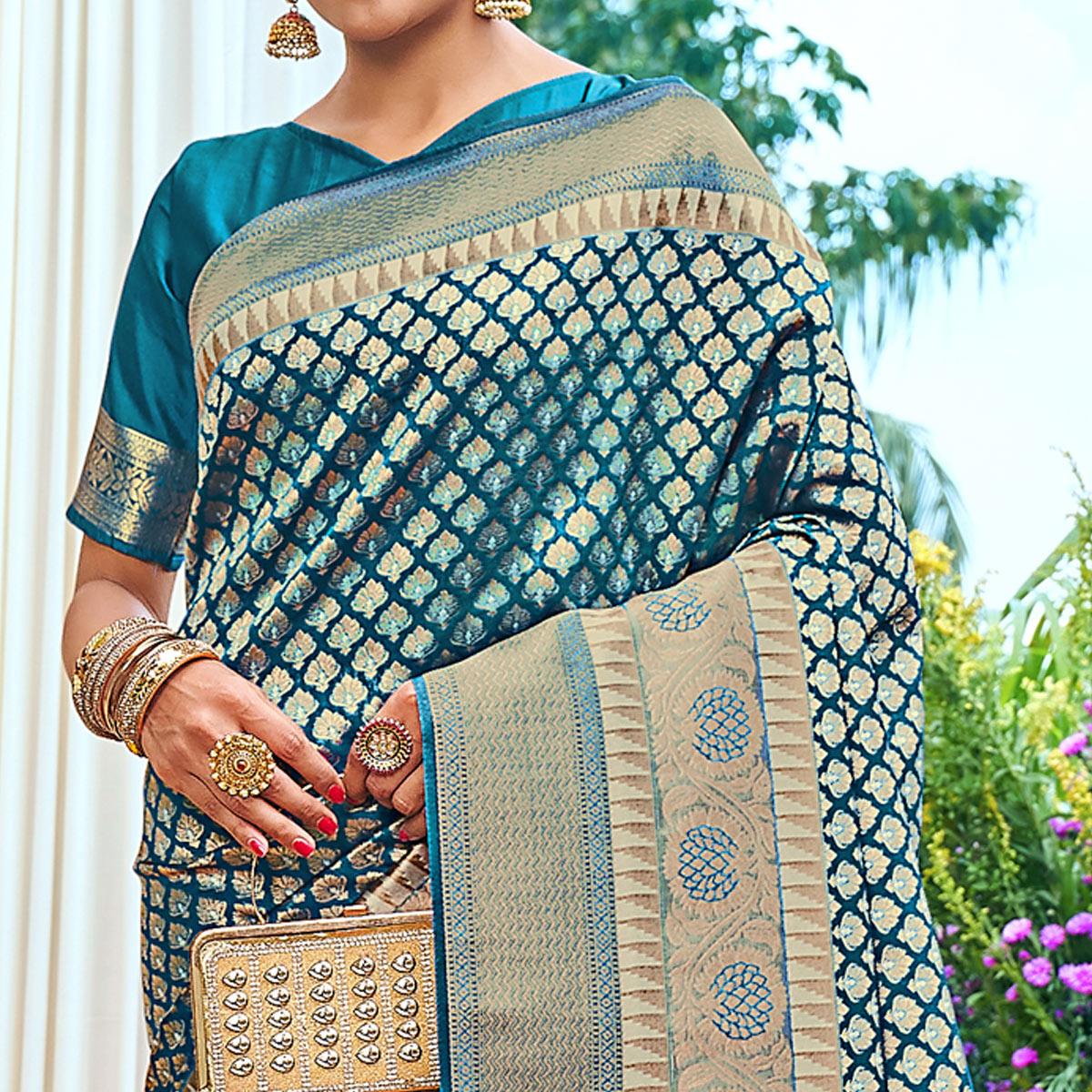 Blue Woven Art Silk Saree With Tassels - Peachmode