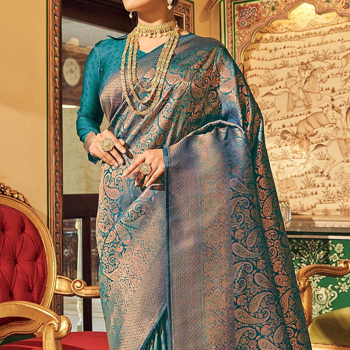 Blue Woven Art Silk Saree With Tassels - Peachmode
