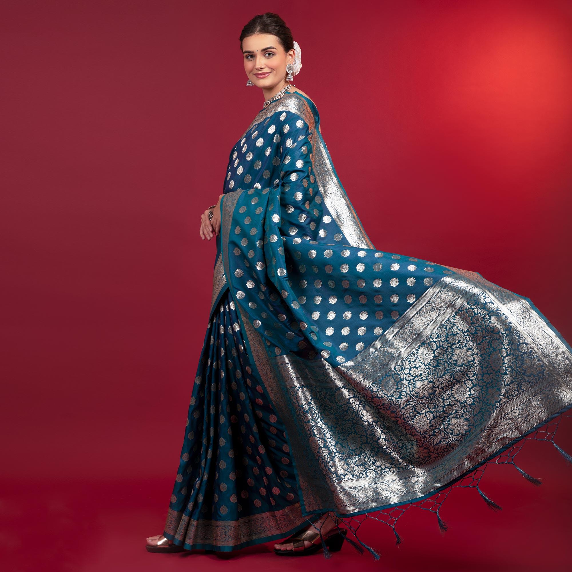 Blue Woven Art Silk Saree With Tassels - Peachmode