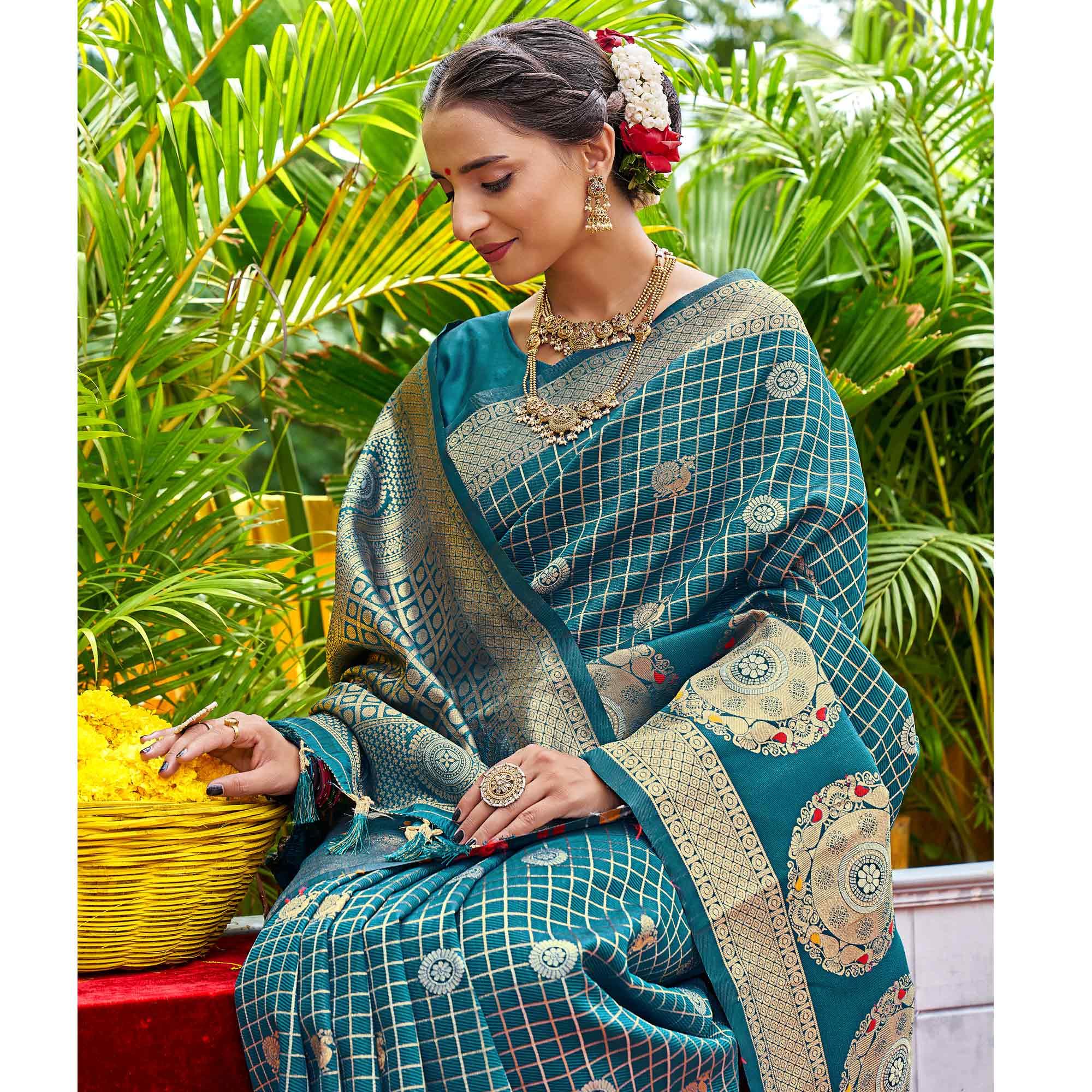 Blue Woven Art Silk Saree With Tassels - Peachmode
