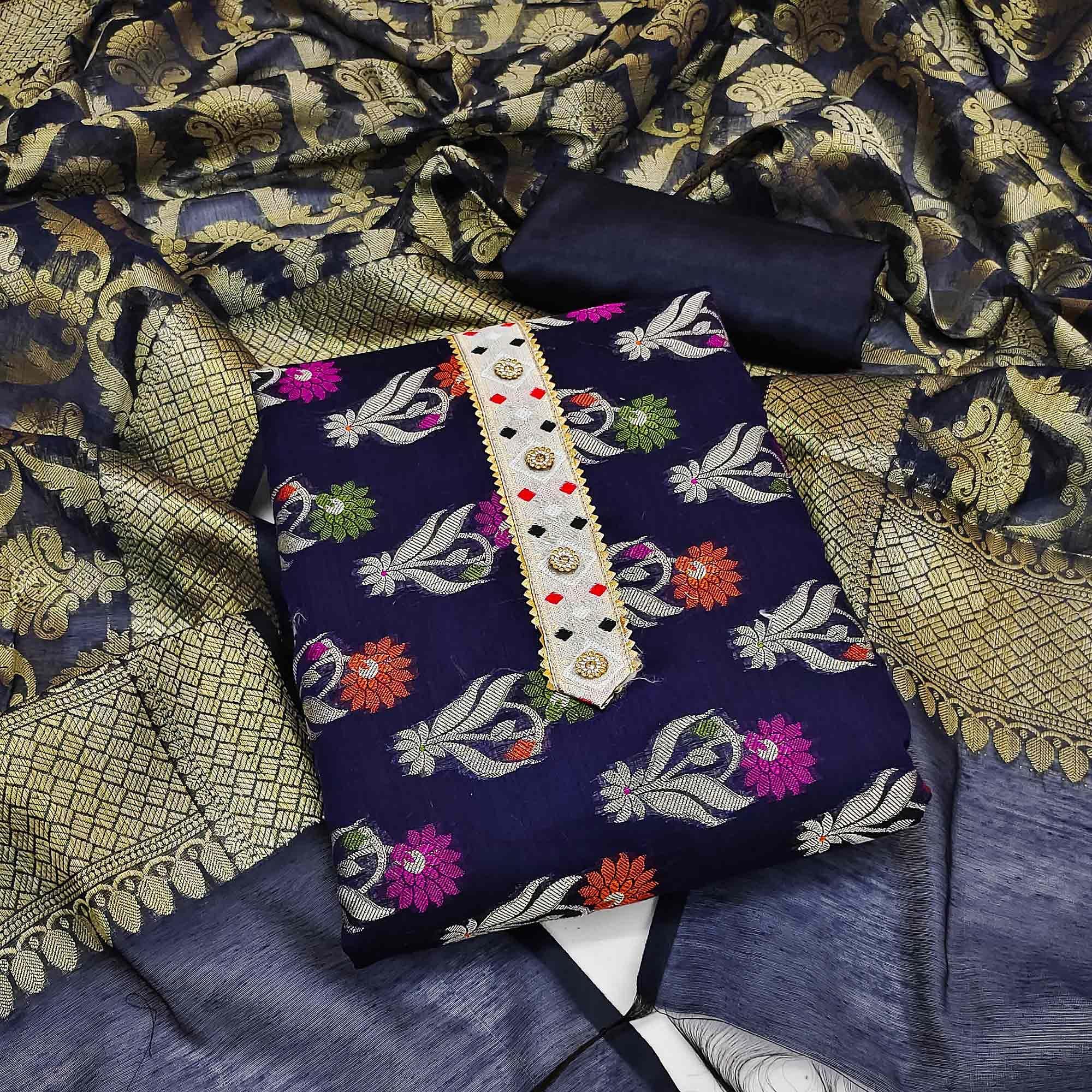 Blue Woven Banarasi Dress Material - Peachmode