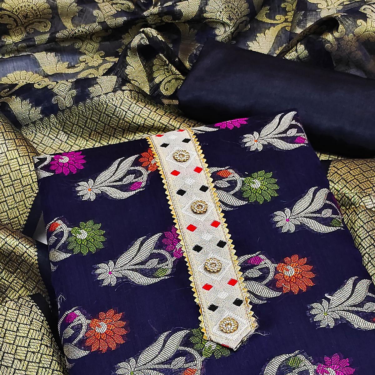 Blue Woven Banarasi Dress Material - Peachmode