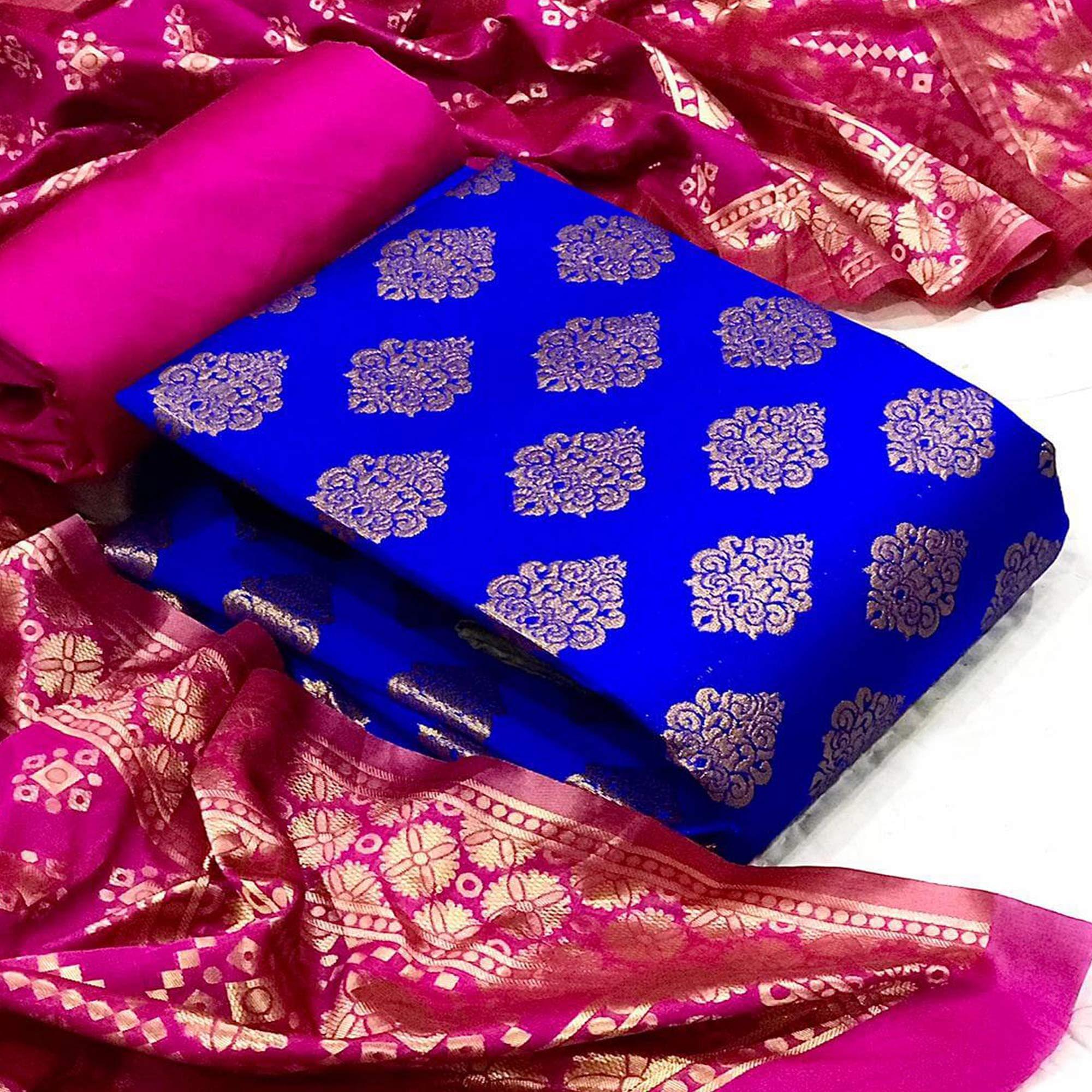 Blue Woven Banarasi Silk Dress Material - Peachmode