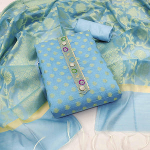 Blue Woven Banarasi Silk Dress Material - Peachmode