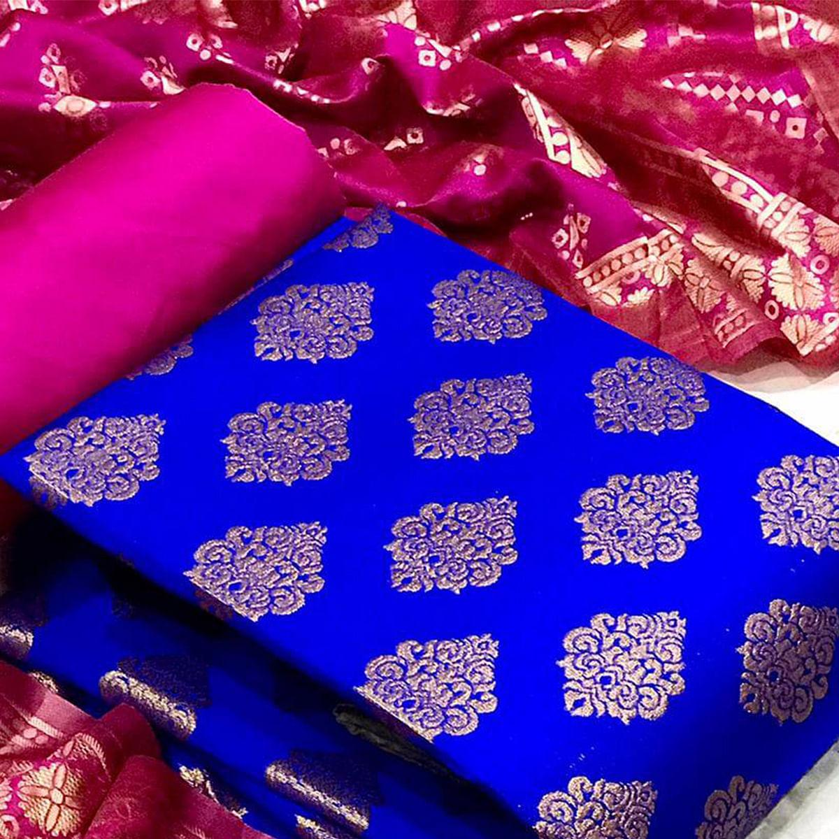 Blue Woven Banarasi Silk Dress Material - Peachmode