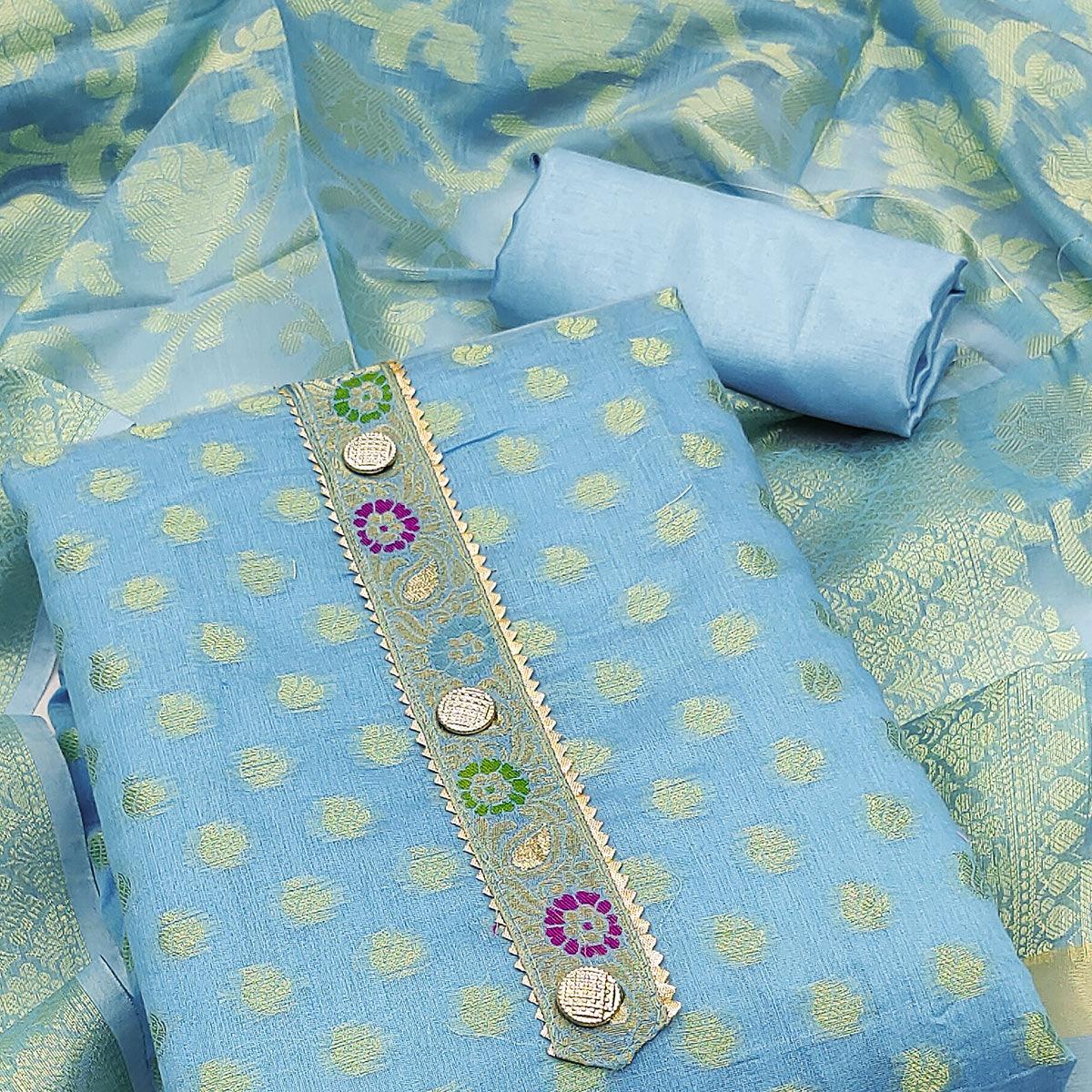 Blue Woven Banarasi Silk Dress Material - Peachmode