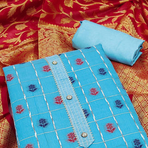 Blue Woven Banarasi Silk Dress Material - Peachmode