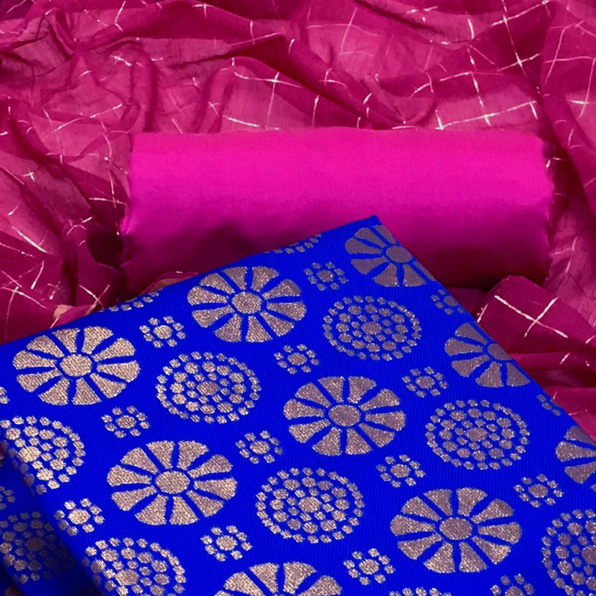 Blue Woven Banarasi Silk Dress Material - Peachmode