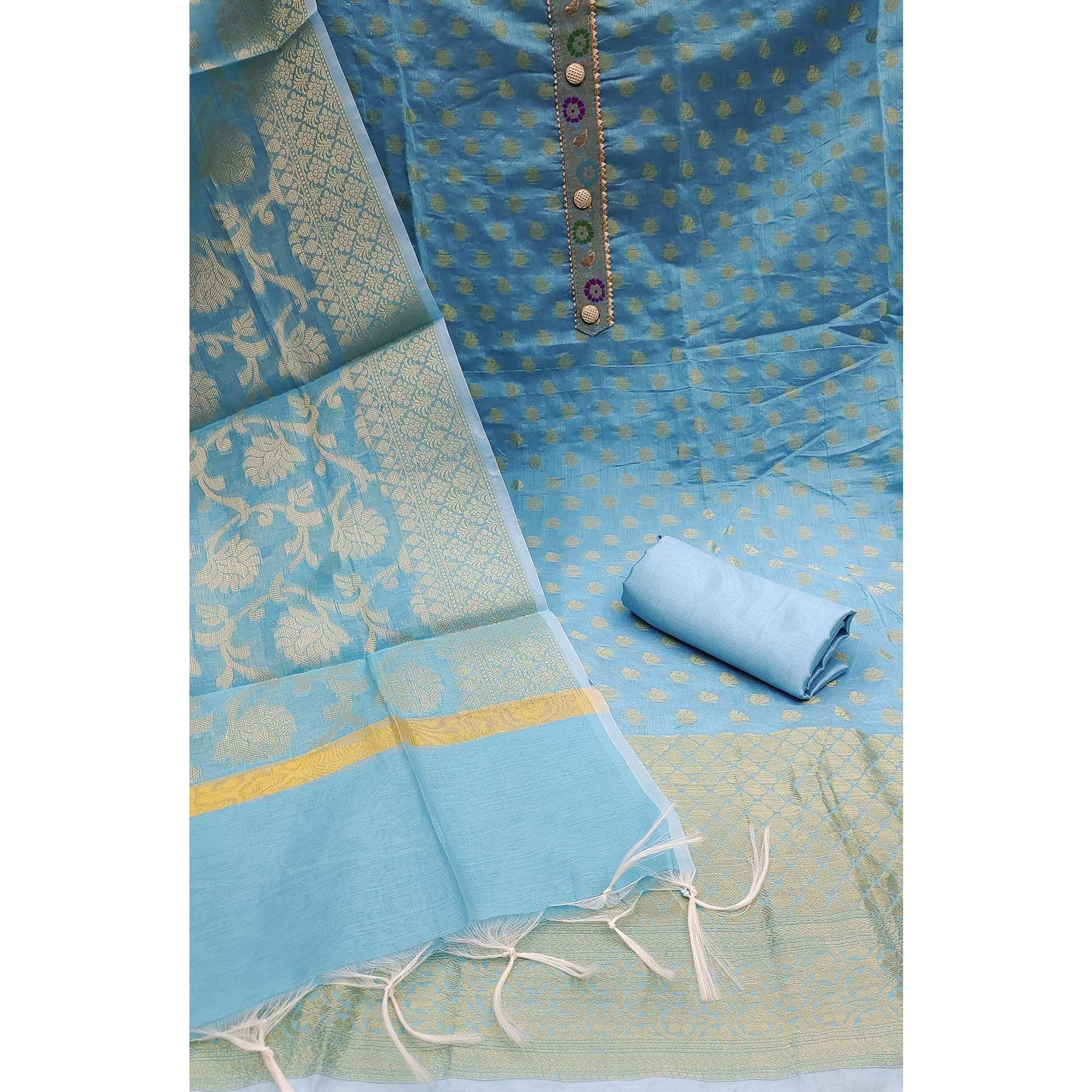 Blue Woven Banarasi Silk Dress Material - Peachmode