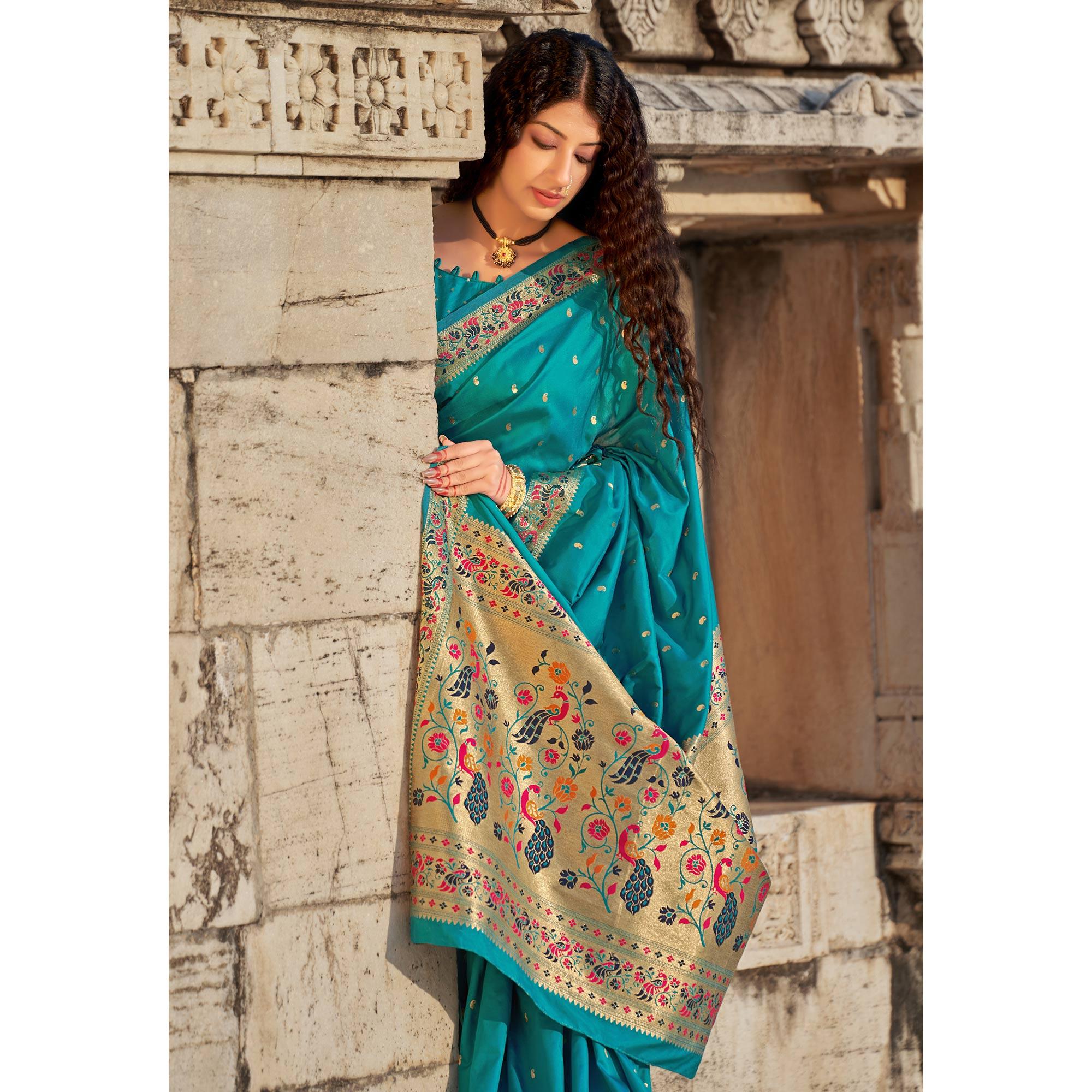 Blue Woven Banarasi Silk Paithani Saree - Peachmode