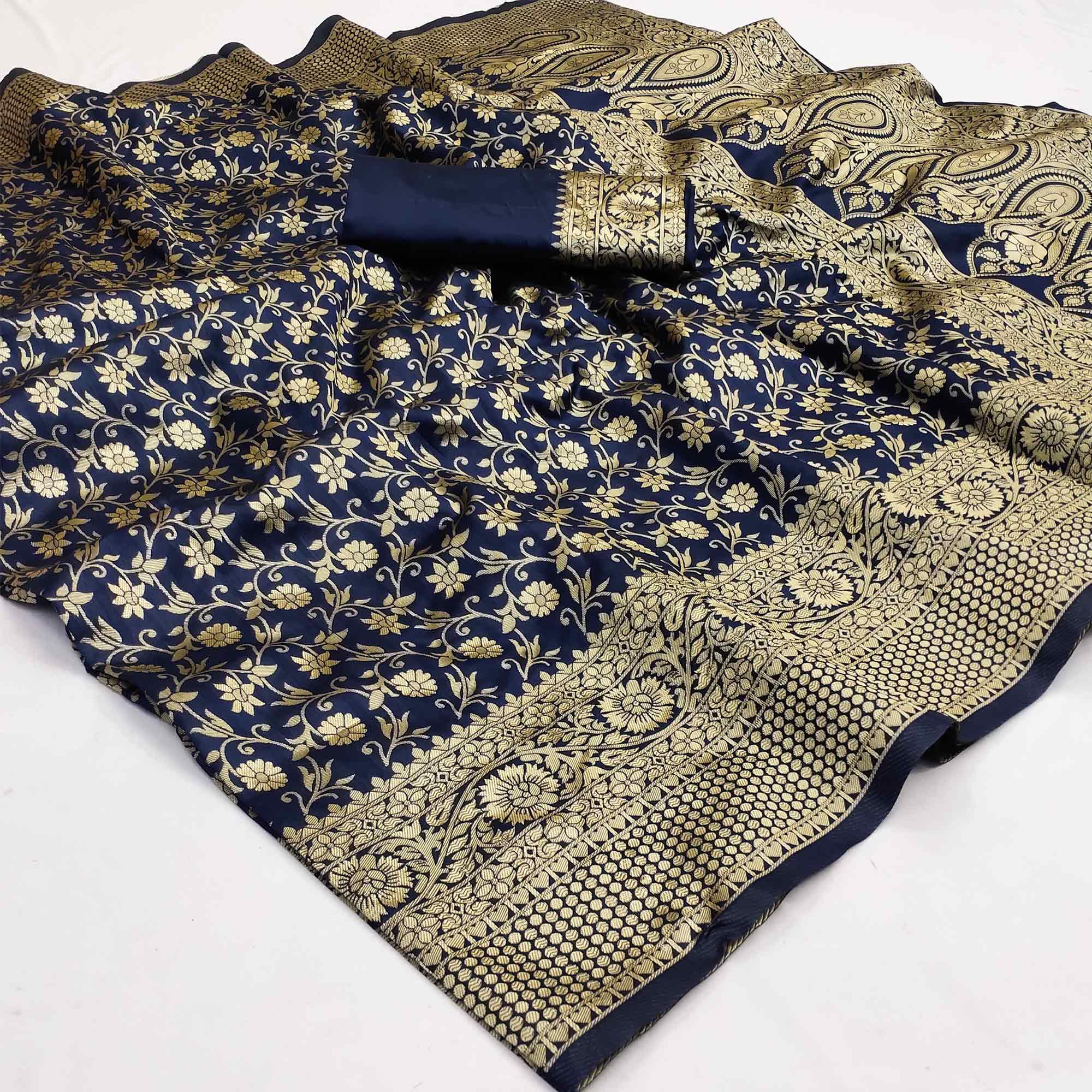 Blue Woven Banarasi Silk Saree - Peachmode