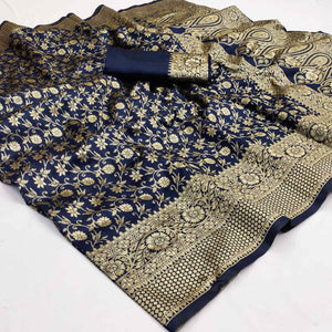 Blue Woven Banarasi Silk Saree - Peachmode