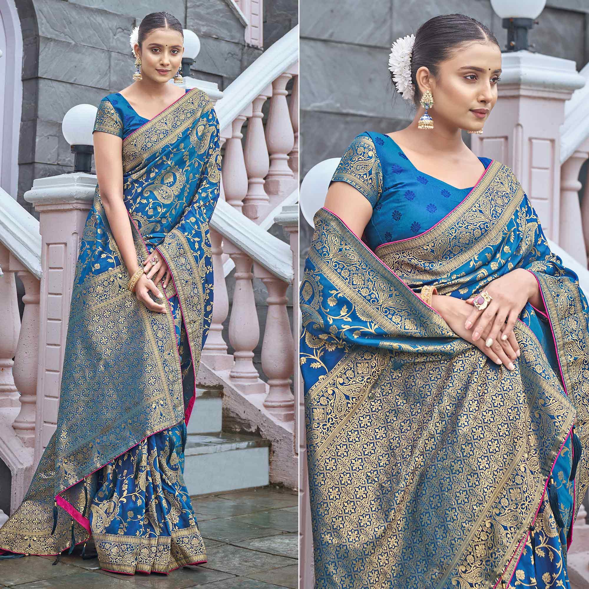 Blue Woven Banarasi Silk Saree - Peachmode