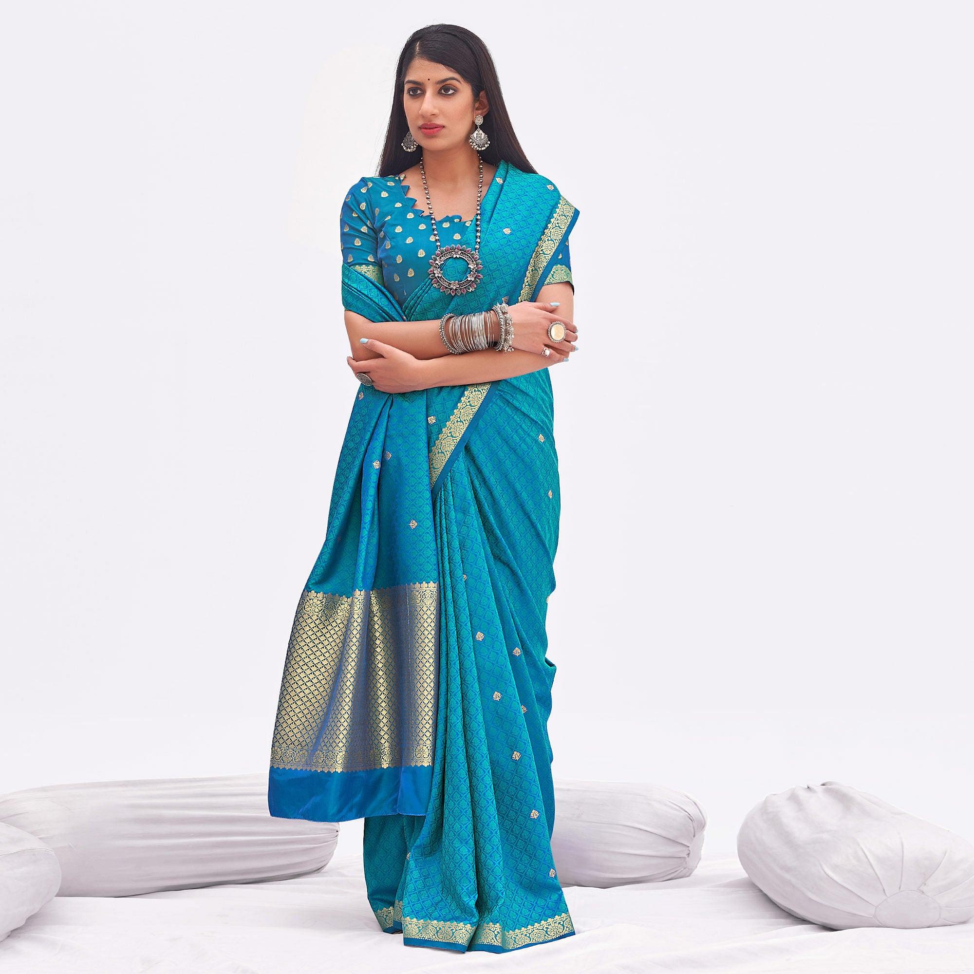 Blue Woven Banarasi Silk Saree - Peachmode