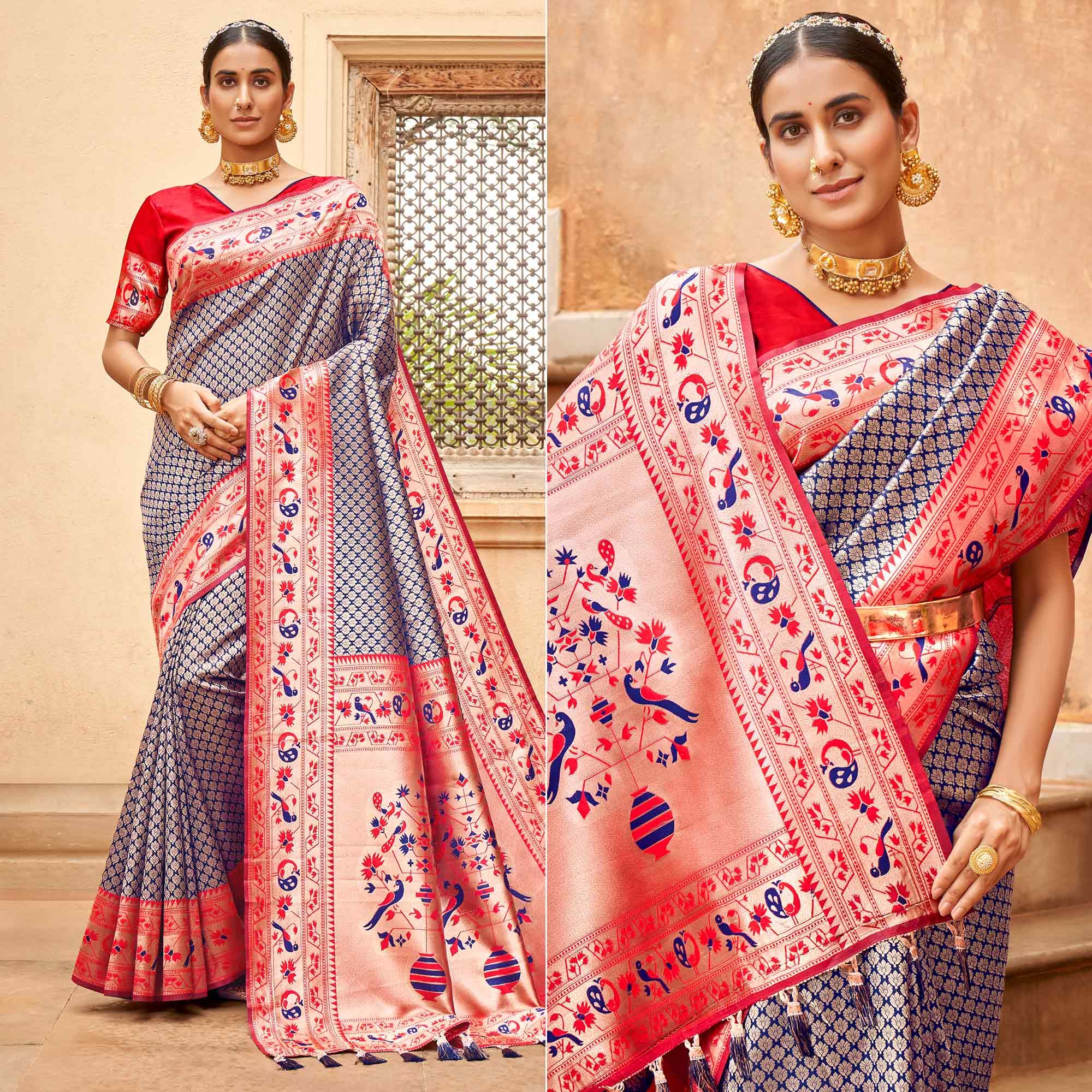 Blue Woven Banarasi Silk Saree - Peachmode