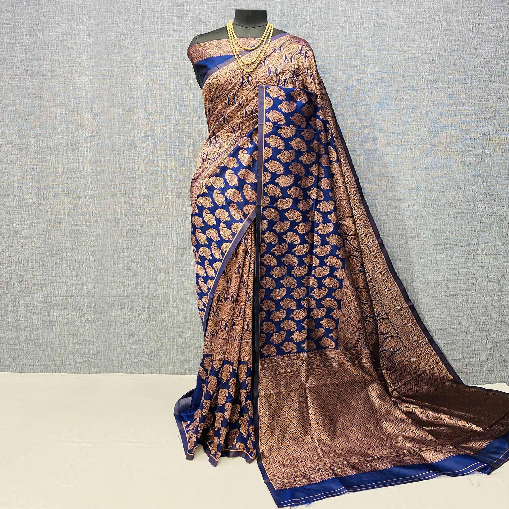 Blue Woven Banarasi Silk Saree - Peachmode