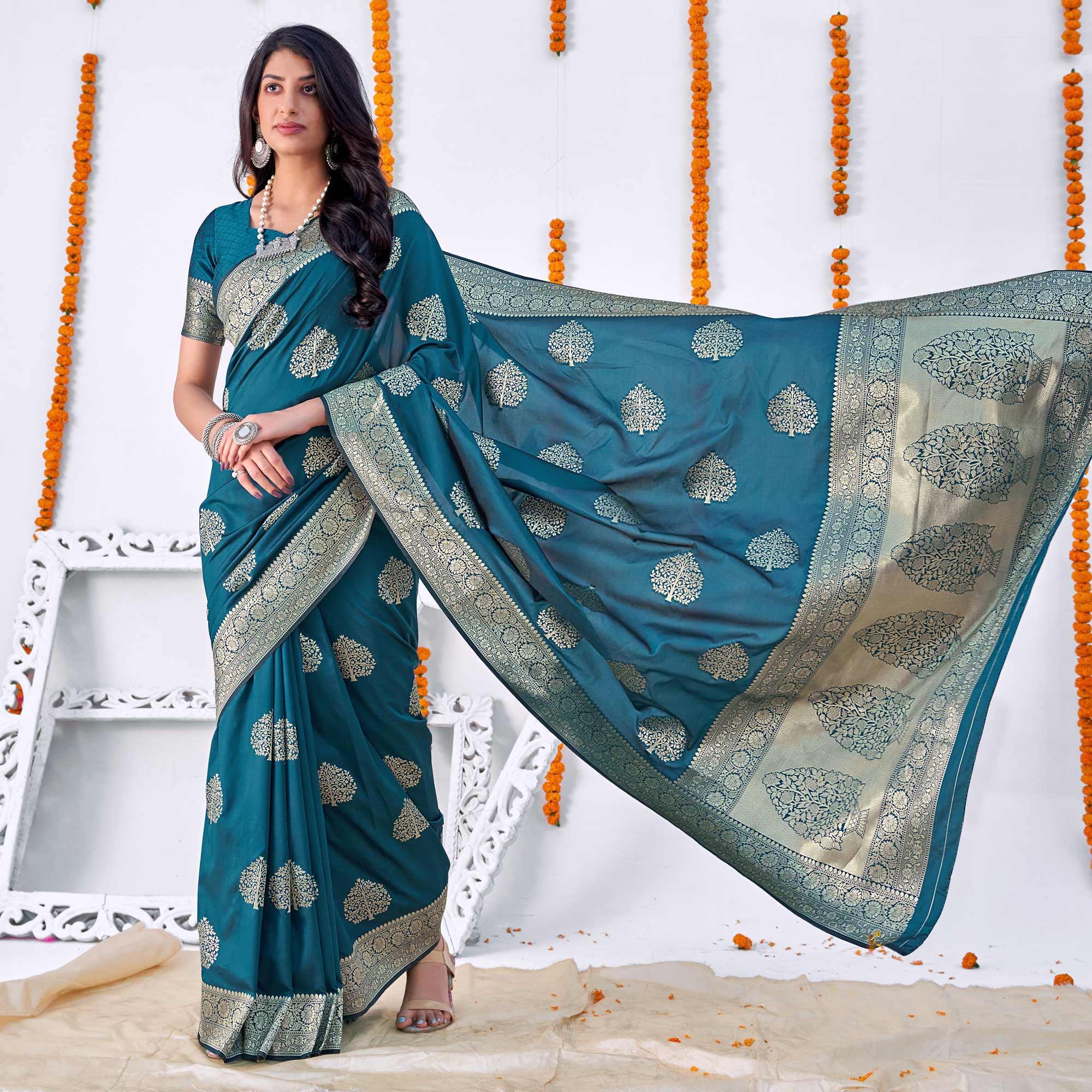 Blue Woven Banarasi Silk Saree - Peachmode