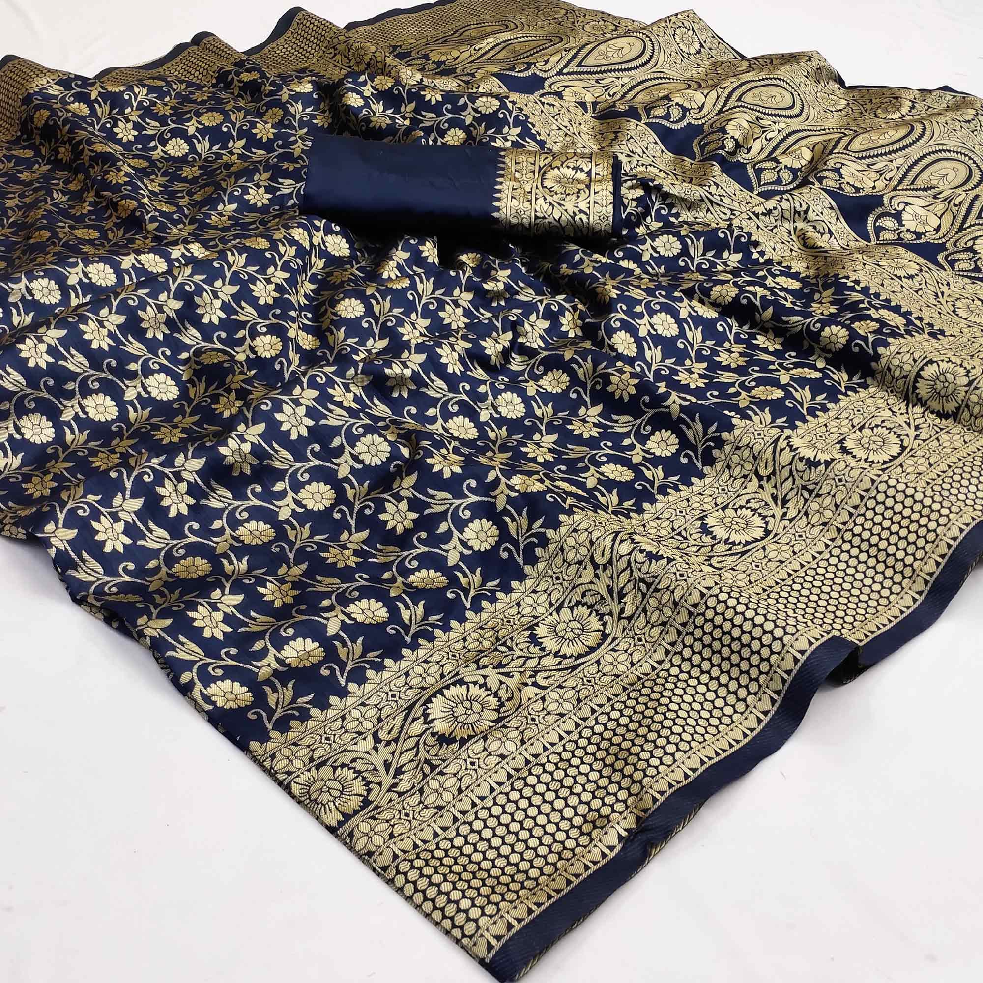 Blue Woven Banarasi Silk Saree - Peachmode