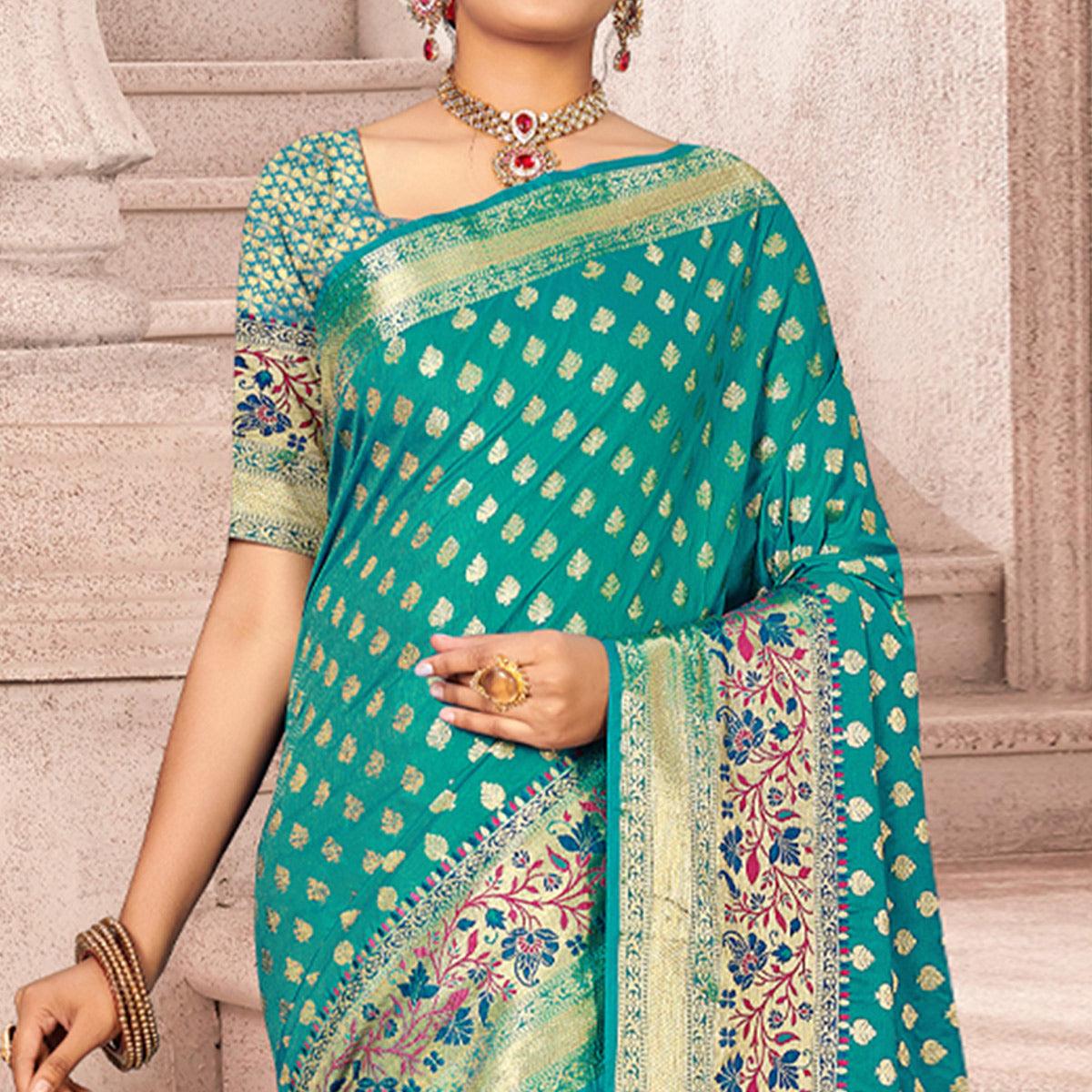 Blue Woven Banarasi Silk Saree - Peachmode