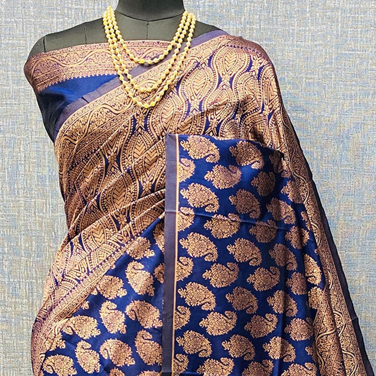 Blue Woven Banarasi Silk Saree - Peachmode