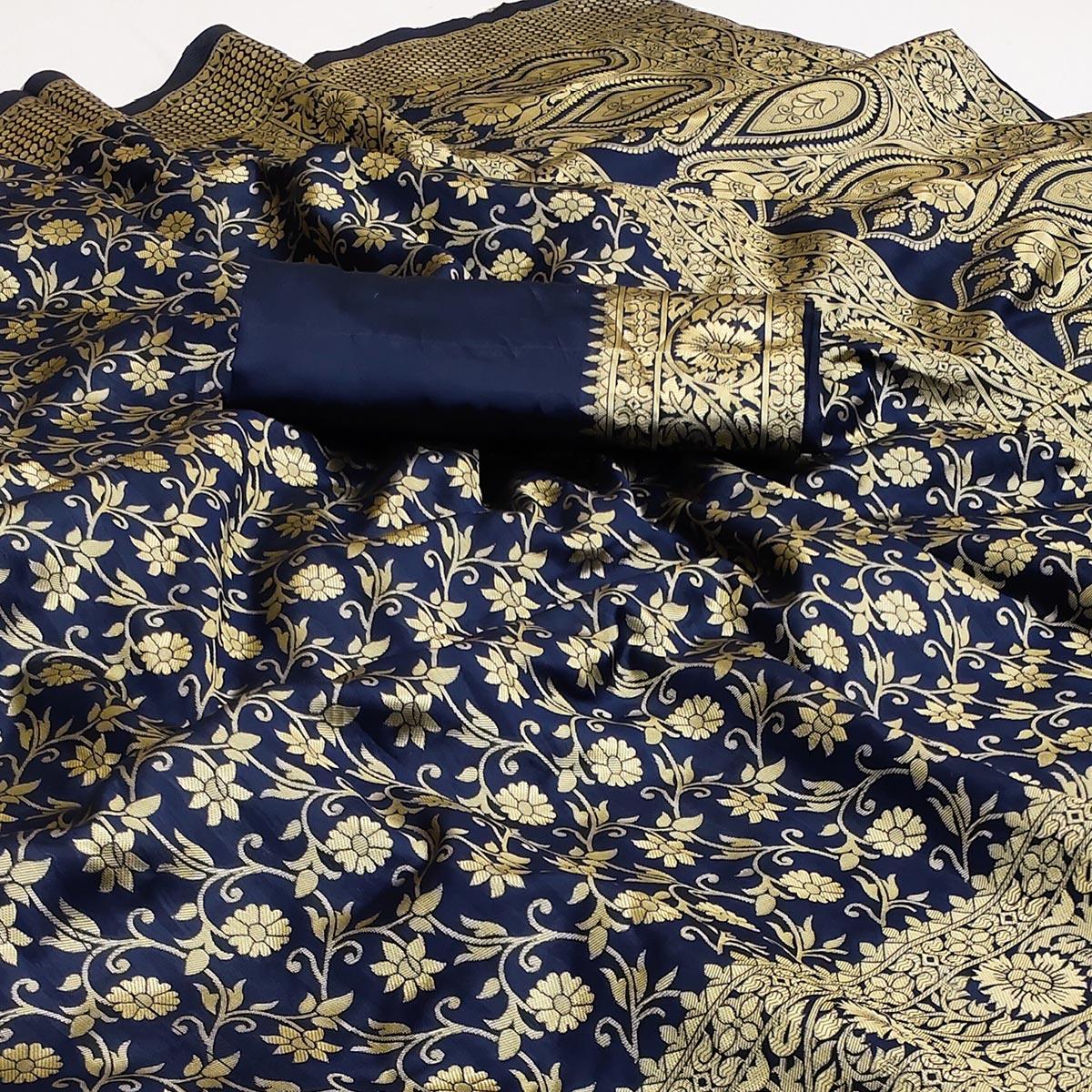 Blue Woven Banarasi Silk Saree - Peachmode