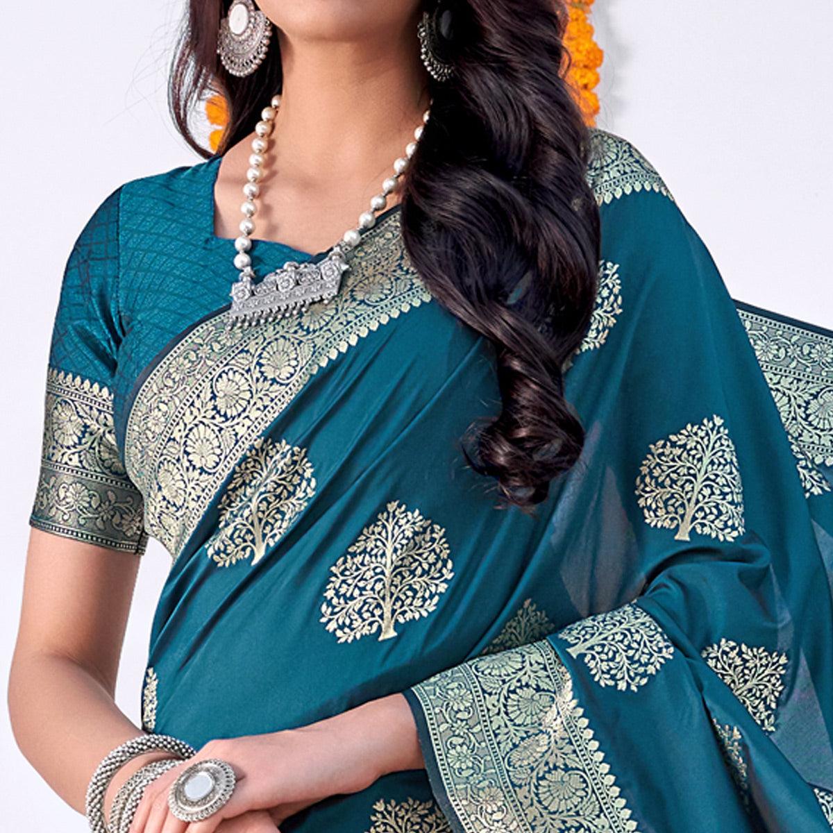 Blue Woven Banarasi Silk Saree - Peachmode