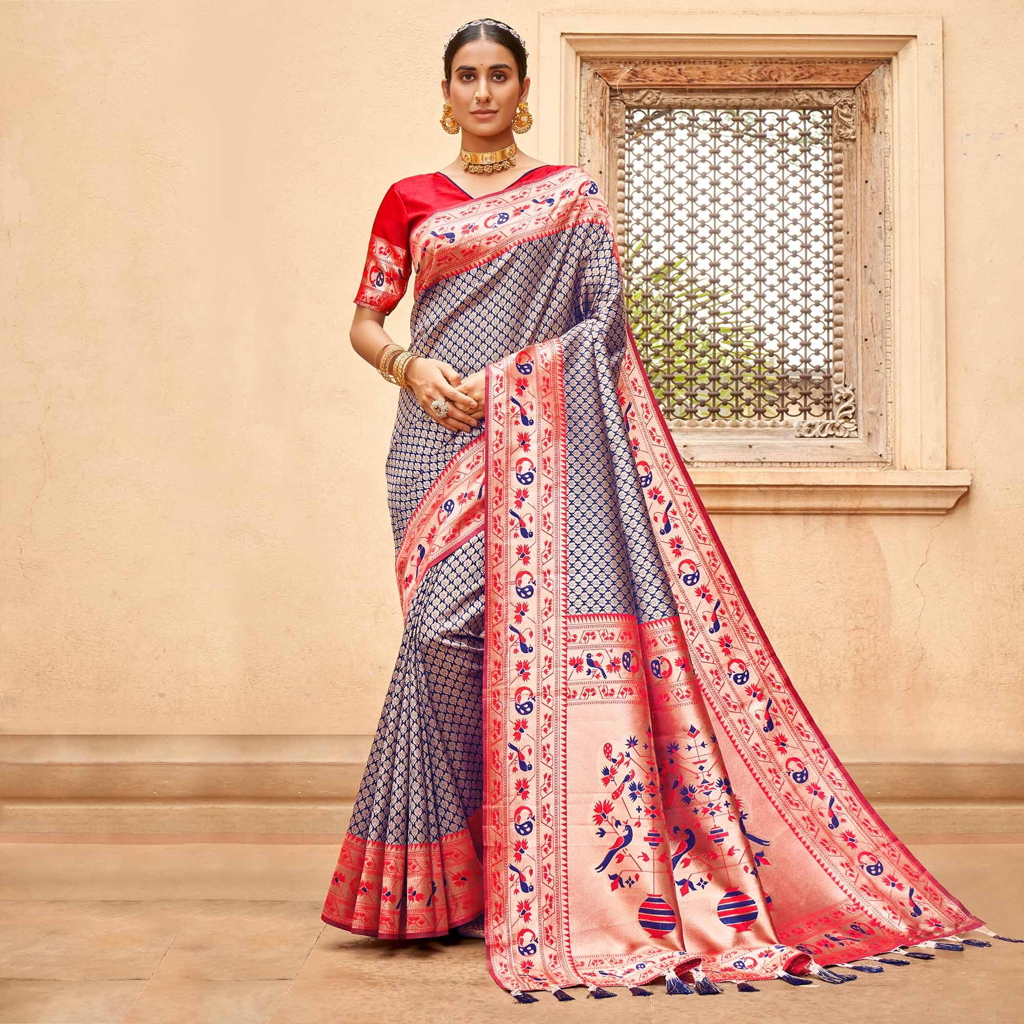 Blue Woven Banarasi Silk Saree - Peachmode